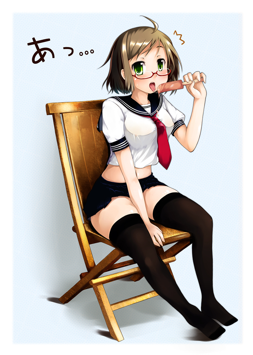 hubrael, original, commentary request, 1girl, ahoge, black thighhighs, breasts, brown hair, chair, female focus, food, full body, glasses, green eyes, licking, midriff, necktie, no bra, popsicle, school uniform, serafuku, sexually suggestive, short hair, sitting, skirt, solo, thighhighs, tongue, zettai ryouiki