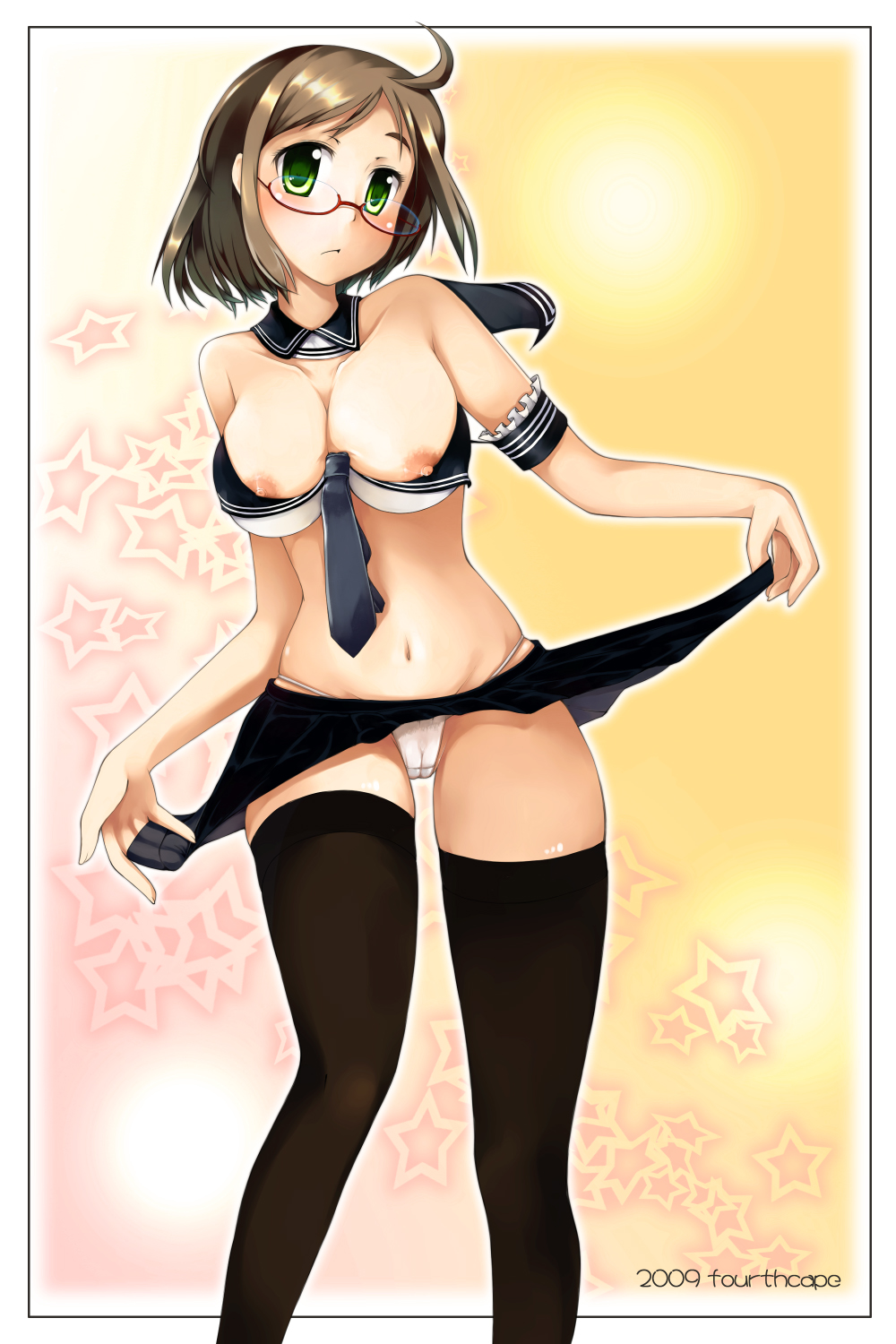 hubrael, highres, 1girl, ahoge, bare shoulders, black thighhighs, breasts, brown hair, cameltoe, clothes lift, female focus, glasses, green eyes, large breasts, navel, necktie, nipples, panties, short hair, skirt, skirt lift, solo, thighhighs, underwear, white panties