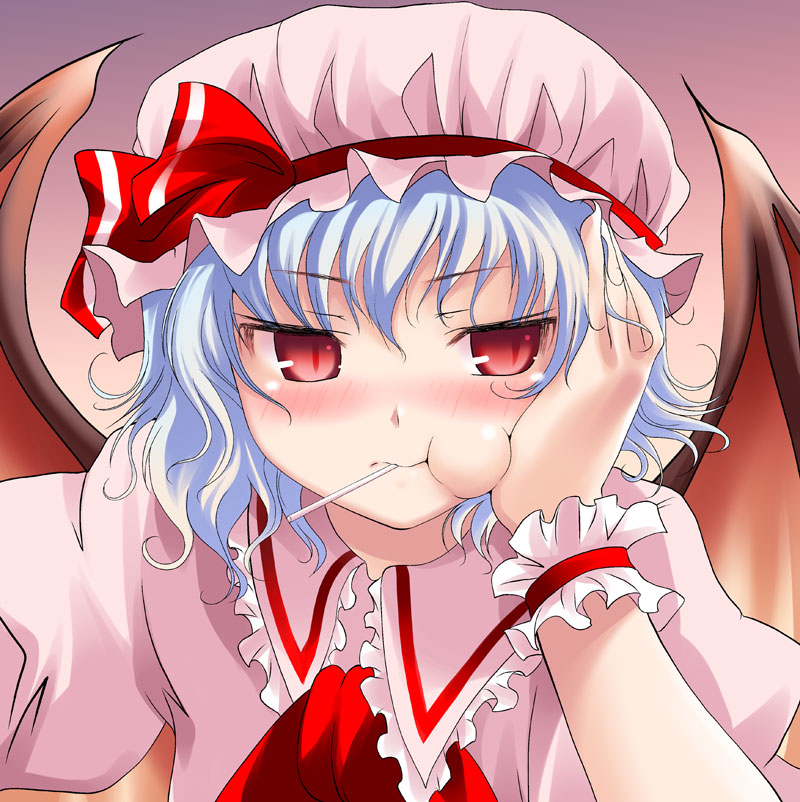 namamo nanase, remilia scarlet, touhou, 1girl, bat wings, blue hair, blush, candy, female focus, food, gradient background, hat, lollipop, red eyes, short hair, solo, wings