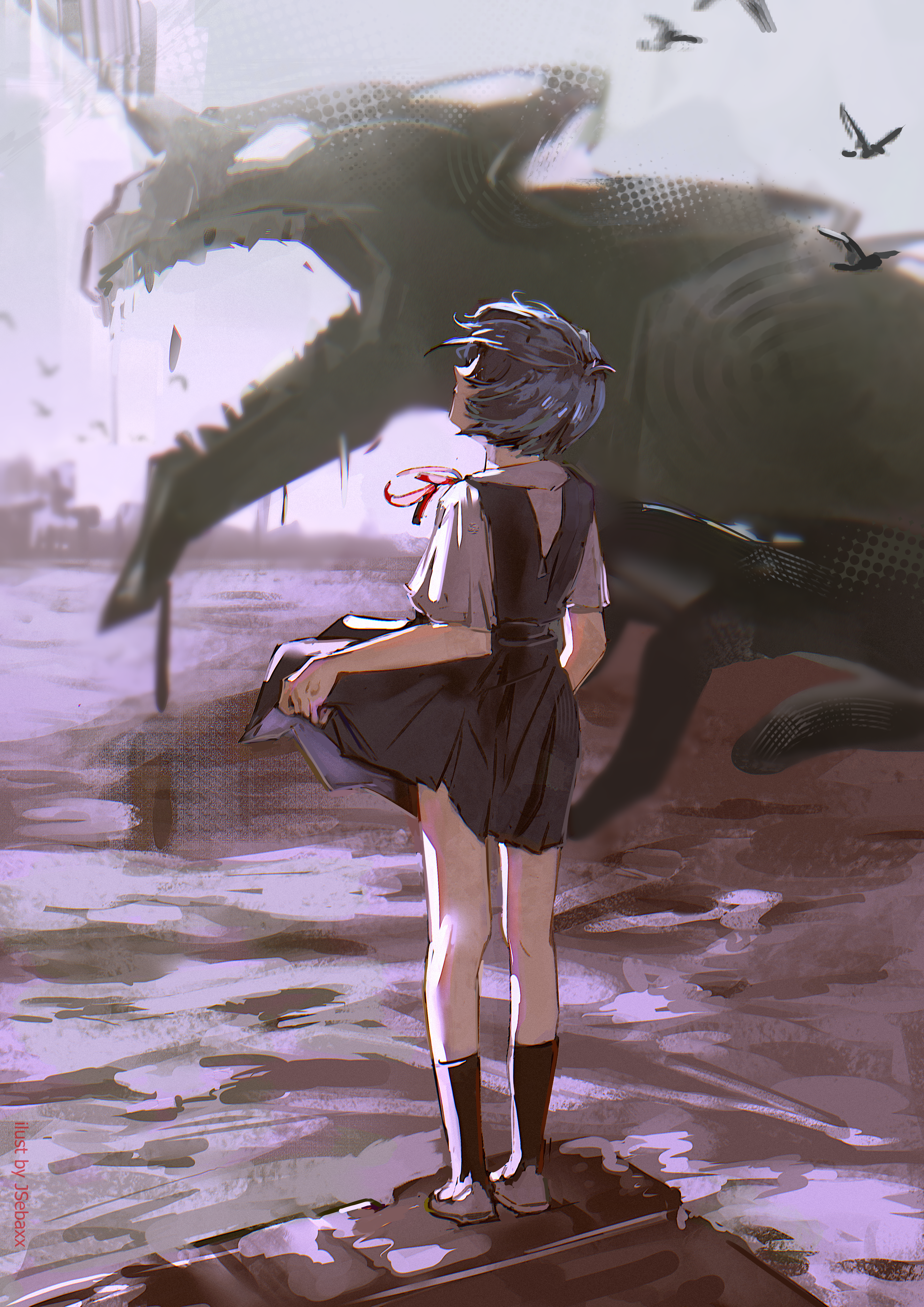 jsebaxx, ayanami rei, eva 01, neon genesis evangelion, absurdres, highres, 1girl, beach, bird, black socks, blue hair, blue skirt, bow, bowtie, breasts, city, facing away, monster, ocean, red bow, red ribbon, ribbon, school uniform, shirt, short hair, short sleeves, skirt, socks, solo, white shirt, wind