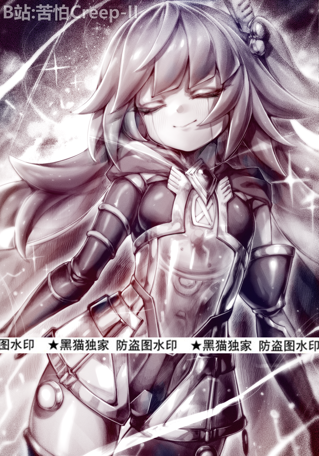kupa (jesterwii), galatea the orcust automaton, ib (yu-gi-oh!), yu-gi-oh!, commentary request, commission, highres, 1girl, armor, artist name, bilibili username, breasts, character name, chinese text, closed eyes, closed mouth, long hair, monochrome, small breasts, solo