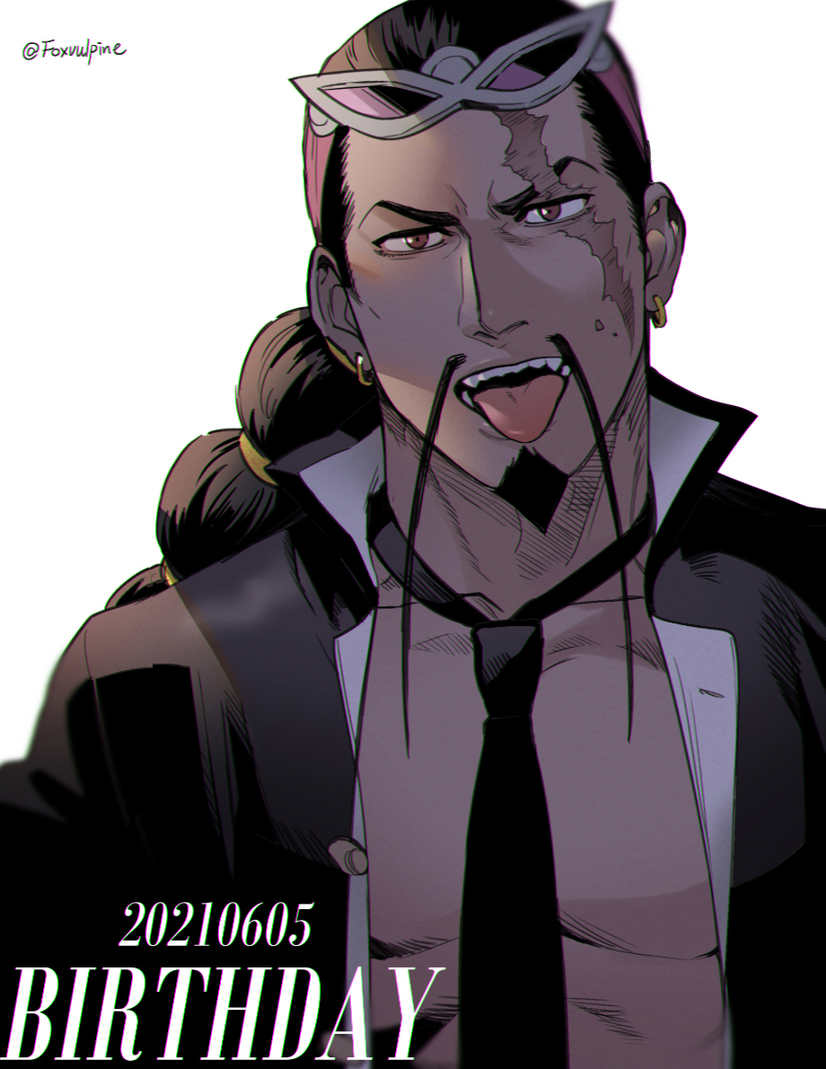 foxvulpine, jabra (one piece), one piece, commentary request, 1boy, black coat, black hair, black necktie, brown eyes, coat, dated, earrings, eyewear on head, facial hair, fu manchu (mustache), happy birthday, jewelry, long mustache, male focus, mature male, mustache, necktie, open clothes, open coat, open mouth, scar, scar across eye, scar on face, signature, solo, tongue, tongue out, white background