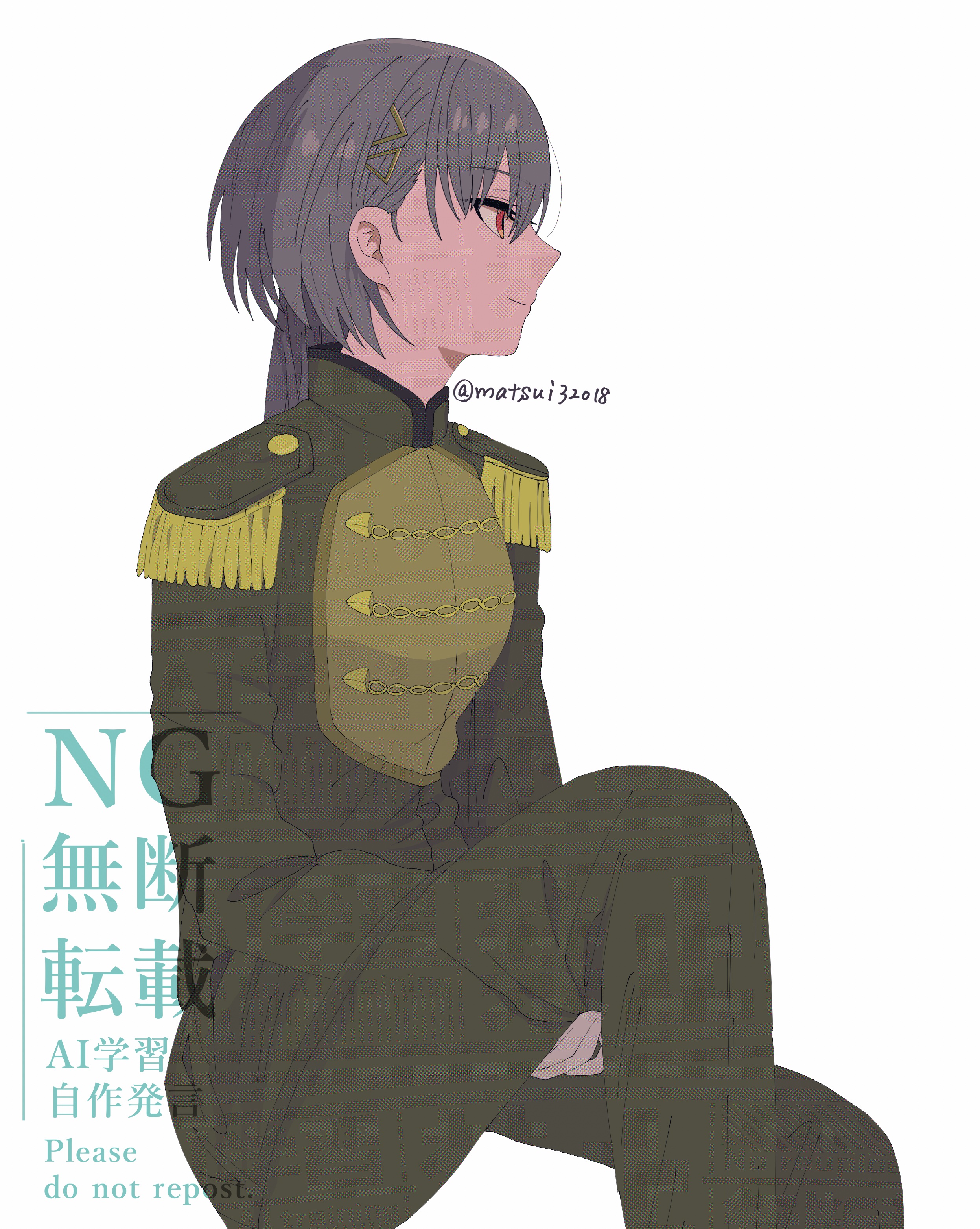 matsui ibuki, katsuragi izumi, link! like! love live!, love live!, absurdres, highres, 1girl, alternate costume, black jacket, black pants, cho toutoi love, closed mouth, epaulettes, grey hair, hair ornament, invisible chair, jacket, jellyfish cut, knee up, long hair, long sleeves, orange eyes, pants, prince, profile, sideways mouth, simple background, sitting, smile, solo, triangle hair ornament, twitter username, virtual youtuber, watermark, white background