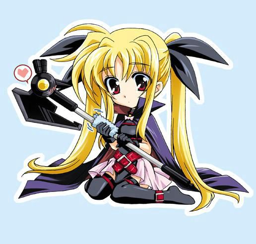 kanna (plum), bardiche (device form) (nanoha), bardiche (nanoha), fate testarossa, fate testarossa (original form), lyrical nanoha, mahou shoujo lyrical nanoha, jpeg artifacts, 00s, 1girl, blonde hair, blush, chibi, female focus, gloves, heart, long hair, polishing, red eyes, solo, spoken heart, thighhighs, twintails, very long hair