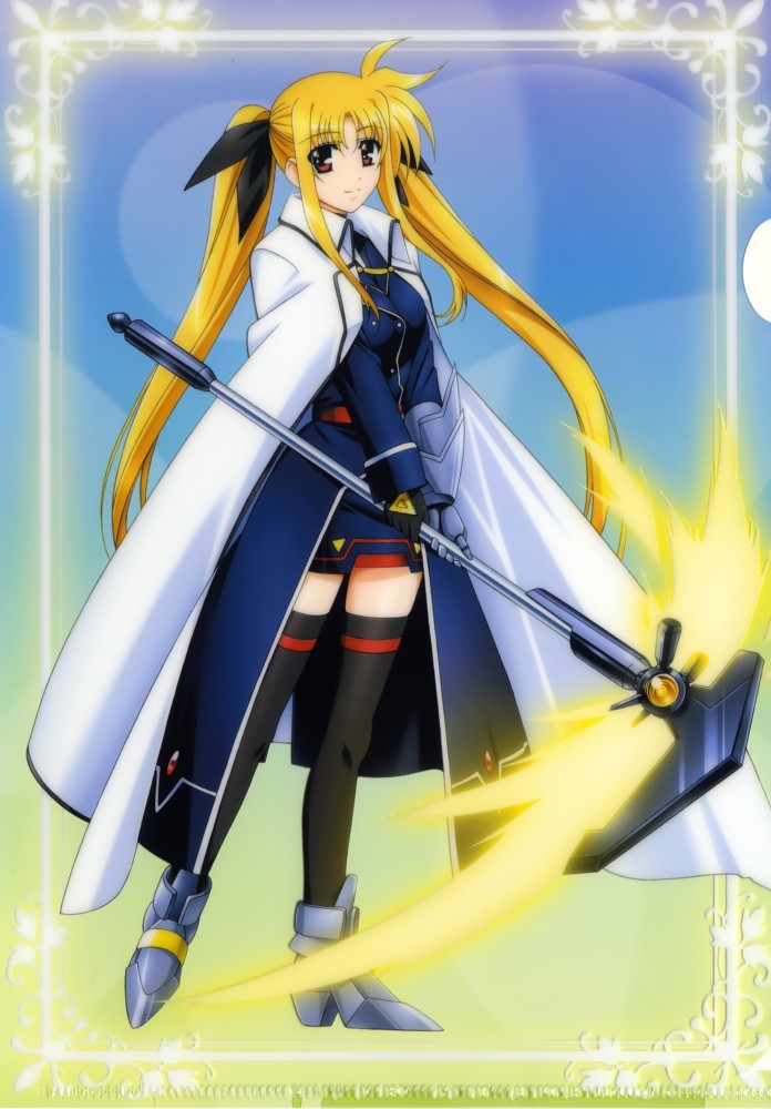 okuda yasuhiro, bardiche (haken form) (nanoha), bardiche (nanoha), fate testarossa, fate testarossa (impulse form), lyrical nanoha, mahou shoujo lyrical nanoha, mahou shoujo lyrical nanoha strikers, uniform, 00s, 1girl, blonde hair, boots, cape, energy blade, female focus, long hair, red eyes, scythe, skirt, solo, thighhighs, twintails, very long hair, zettai ryouiki