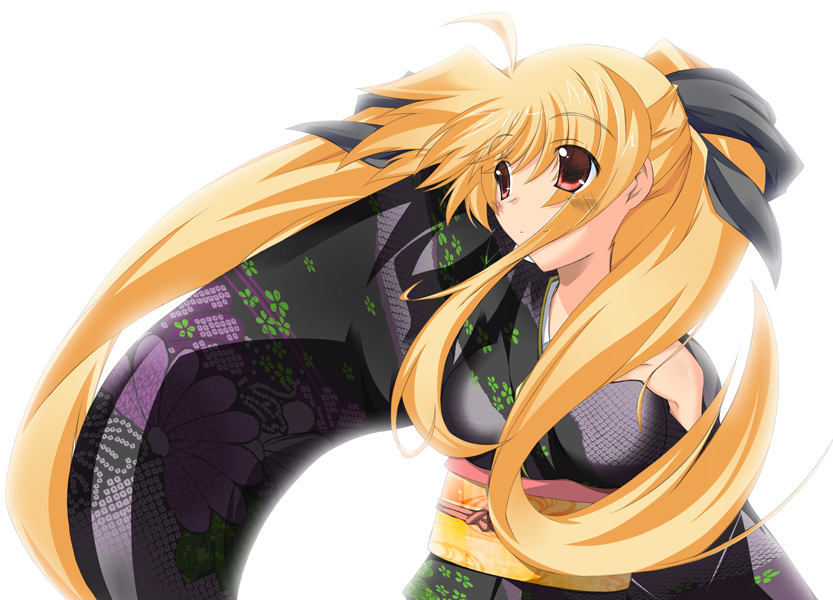 fate testarossa, lyrical nanoha, mahou shoujo lyrical nanoha, 00s, blonde hair, japanese clothes, kimono, long hair, red eyes, solo, twintails, very long hair, white background