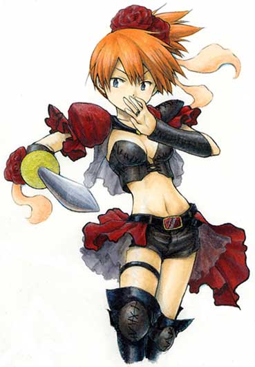 misty (pokemon), nintendo, pokemon, 1girl, alternate costume, blue eyes, boots, female focus, flower, frills, gym leader, legband, midriff, red hair, rose, shorts, solo, sword, thigh boots, thigh strap, thighhighs, weapon