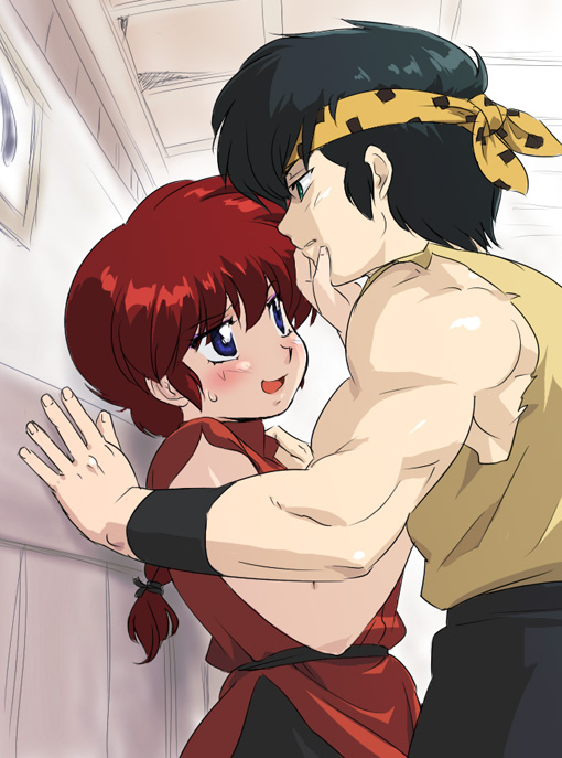 mage (harumagedon), hibiki ryouga, ranma-chan, saotome ranma, ranma 1/2, gender request, 1boy, 1girl, blue eyes, blush, braid, chinese clothes, genderswap, headband, long hair, ponytail, single braid, sweatdrop, tangzhuang