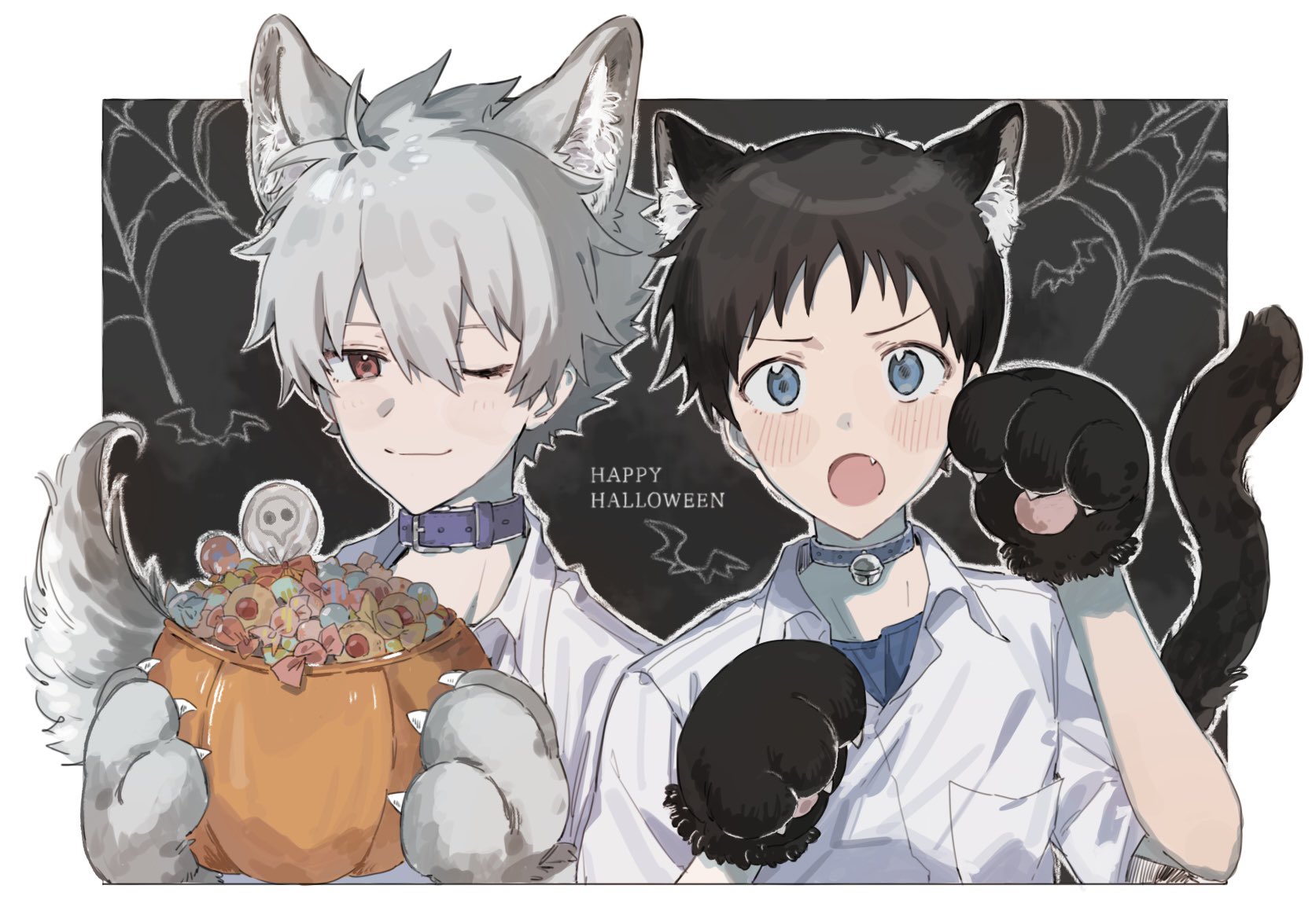 ikari shinji, nagisa kaworu, neon genesis evangelion, commentary request, highres, 2boys, animal ear fluff, animal ears, animal hands, bell, black ears, black hair, black tail, blue eyes, blue shirt, border, candy, cat boy, cat ears, cat paw, collared shirt, fang, food, gloves, grey hair, hair between eyes, halloween bucket, happy birthday, looking at viewer, m3gris3, male focus, multiple boys, neck bell, one eye closed, paw gloves, paw pose, red eyes, school uniform, shirt, short hair, tail, tokyo-3 middle school uniform, upper body, very short hair, white border, white shirt, wolf boy, wolf ears, wolf paws, wolf tail