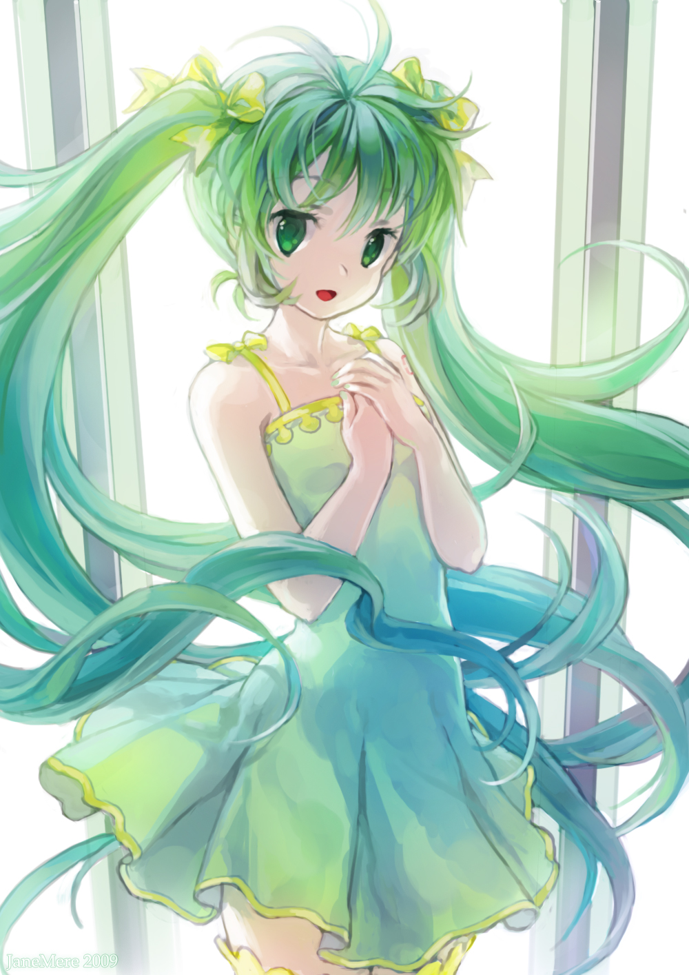jane mere, hatsune miku, vocaloid, highres, 1girl, arm tattoo, bow, cowboy shot, dress, female focus, green eyes, green hair, long hair, matching hair/eyes, own hands together, solo, tattoo, thighhighs, twintails, very long hair, white background, yellow thighhighs