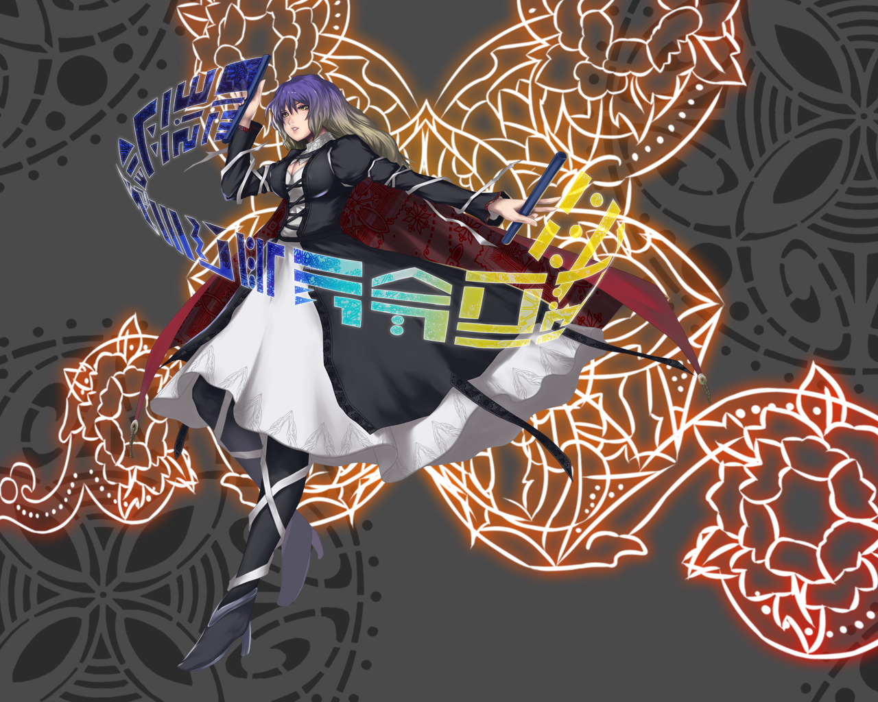 muchakushoku, hijiri byakuren, touhou, 1girl, cape, dress, female focus, gradient hair, long hair, multicolored hair, solo, sorcerer's sutra scroll, yellow eyes