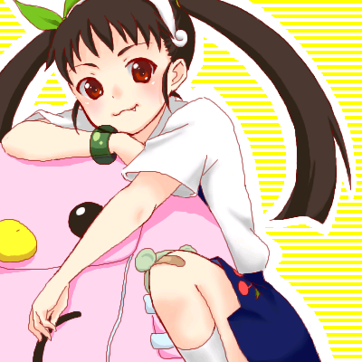 komiko (pixiv1126298), hachikuji mayoi, bakemonogatari, monogatari (series), bad id, bad pixiv id, lowres, 00s, 1girl, backpack, bag, bandaid, bandaid on knee, bandaid on leg, black hair, dress, fang, female focus, randoseru, red eyes, ribbon, socks, solo, twintails