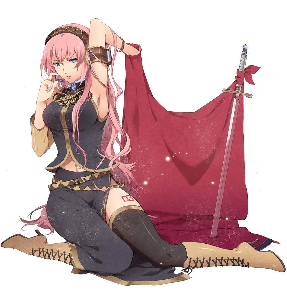 murakami yuichi, megurine luka, vocaloid, highres, 1girl, armpits, blue eyes, boots, bracelet, breasts, female focus, jewelry, knee boots, kneeling, large breasts, legs, long hair, midriff, navel, pink hair, skirt, solo, sword, thighhighs, weapon