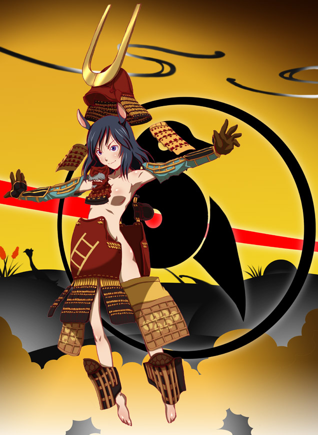 hirokawa kouichirou, shinohara natsuki, summer wars, >:), 00s, 1girl, animal ears, armor, armpits, barefoot, black hair, blush, breastplate, breasts, crest, deer ears, dou, family crest, female focus, floating, haidate, helmet, horns, japanese armor, kabuto (helmet), kote, kusazuri, large breasts, naked armor, nude, outstretched arms, samurai, short hair, shoulder armor, smile, sode, solo, spread arms, suneate, v-shaped eyebrows, wardrobe malfunction