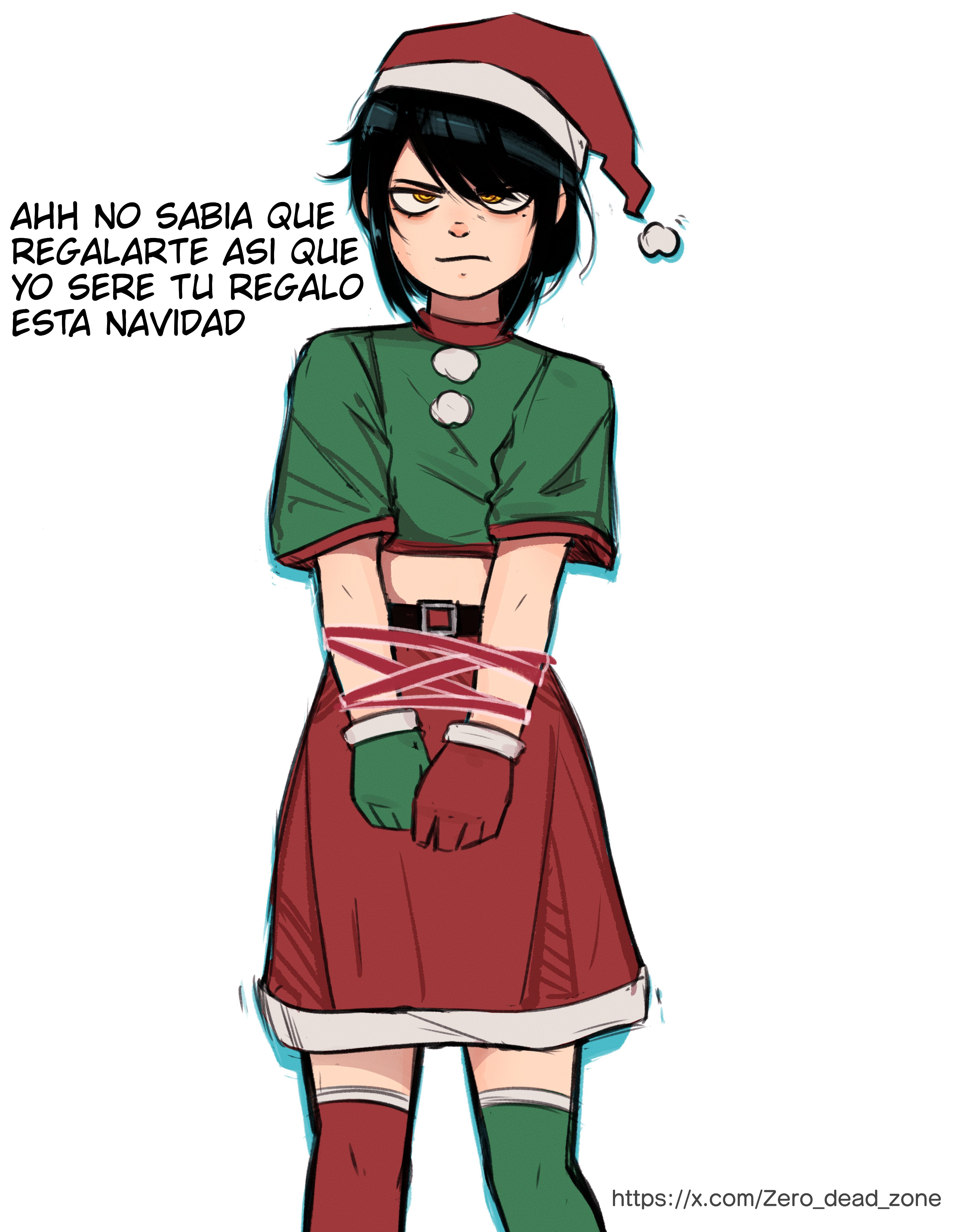 zero dead zone, nayuta (chainsaw man), chainsaw man, 1girl, black hair, christmas, christmas stocking, mole, mole under eye, red skirt, skirt, solo, spanish text, yellow eyes
