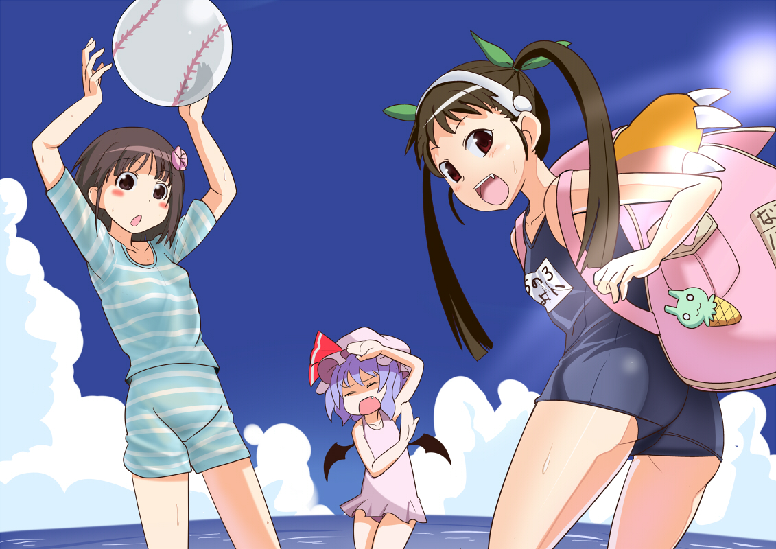 chiyomi, hachikuji mayoi, remilia scarlet, suzukawa koume, bakemonogatari, monogatari (series), taishou yakyuu musume, touhou, striped, 00s, 3girls, :o, backpack, bag, baseball, crossover, day, fang, flower, hair flower, hair ornament, hat, multiple crossover, multiple girls, one-piece swimsuit, open mouth, randoseru, school swimsuit, shading eyes, swimsuit, twintails