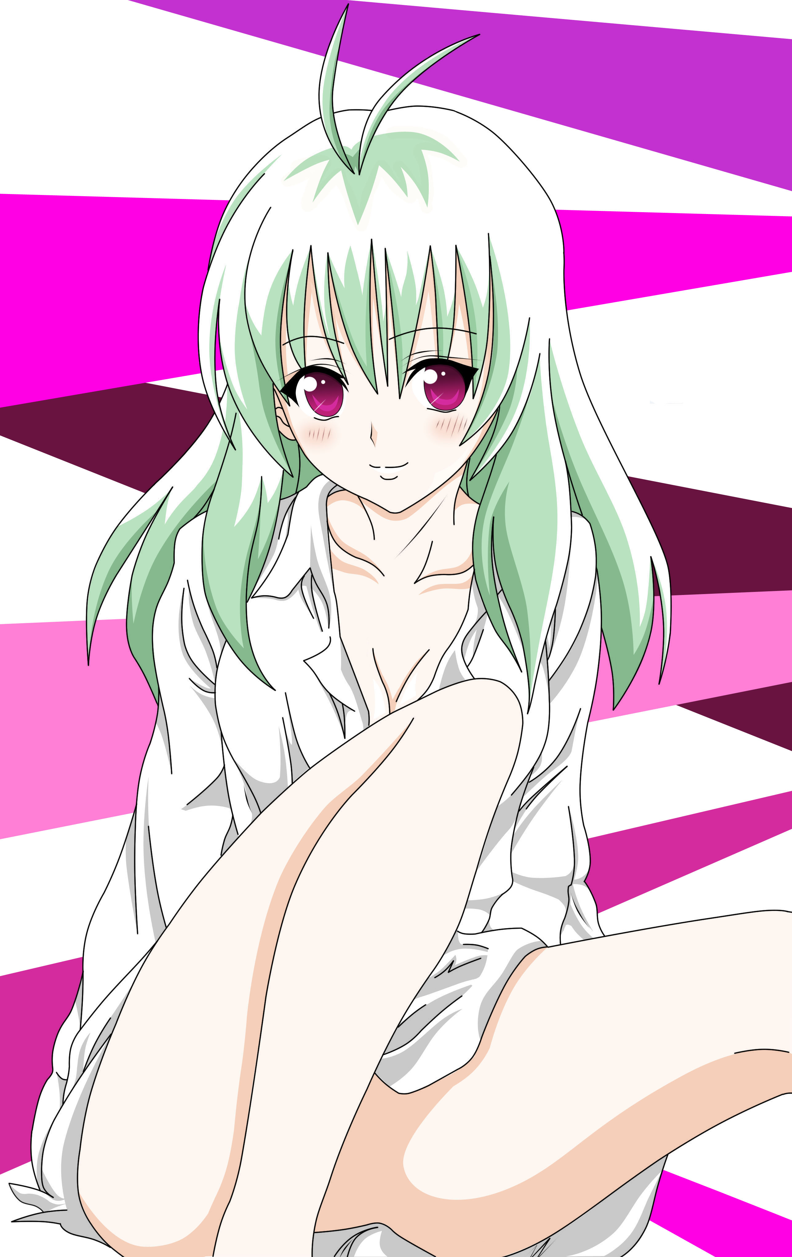 run elsie jewelria, to love-ru, absurdres, highres, 00s, antenna hair, blush, bottomless, green hair, legs, long hair, purple eyes, shirt, sitting, smile, solo