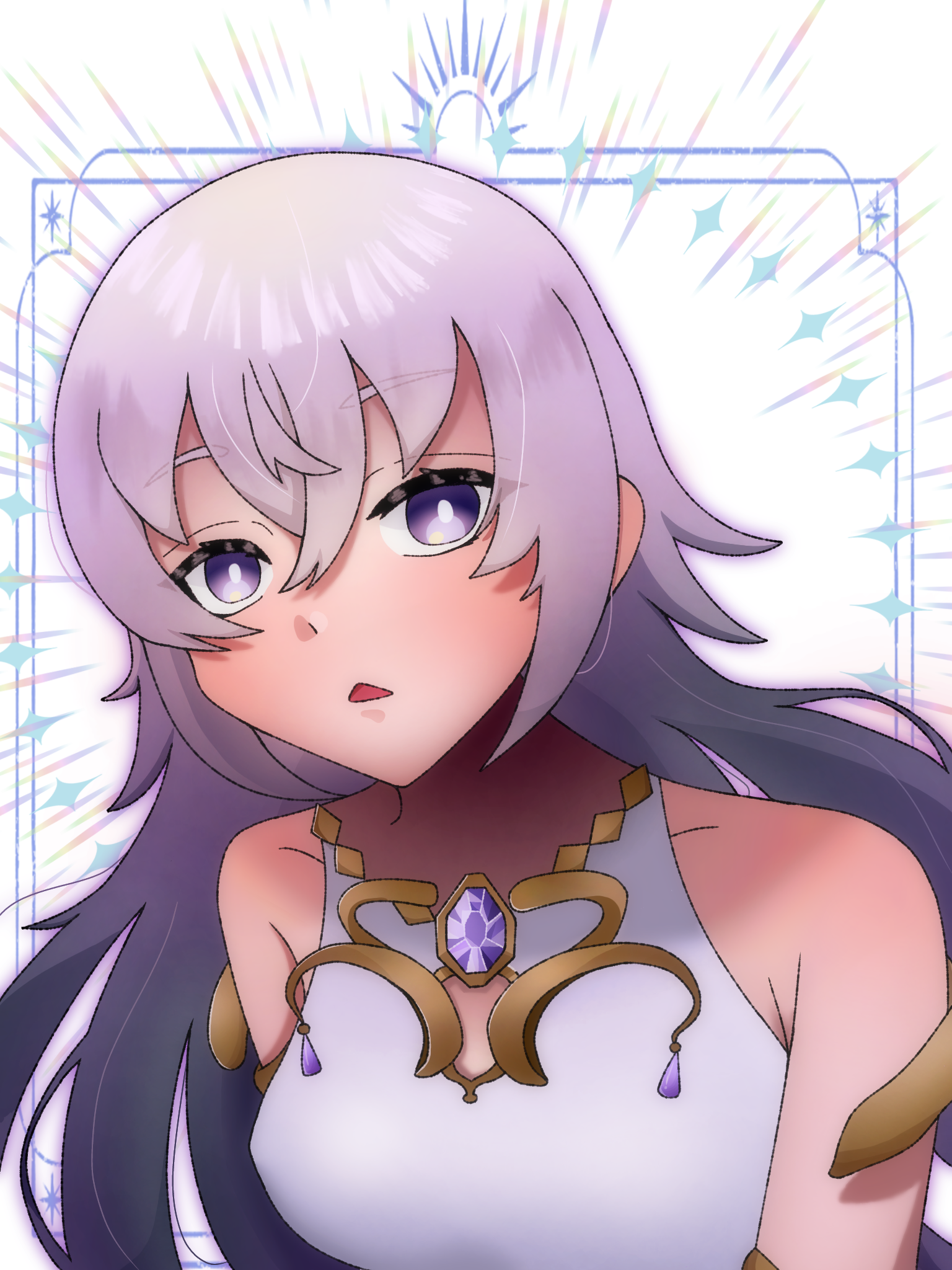 magic mirror (grimms notes), grimms notes, 1girl, bare shoulders, cleavage cutout, clothing cutout, looking at viewer, parted lips, purple eyes, purple hair, solo, upper body, user awpv3783
