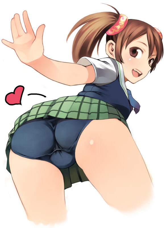 heisa, ling xiaoyu, tekken, bad id, bad pixiv id, 1girl, ass, ass focus, blush, brown eyes, brown hair, female focus, heart, looking back, one-piece swimsuit, open mouth, school swimsuit, short twintails, simple background, skirt, smile, solo, spanked, swimsuit, swimsuit under clothes, trefoil, twintails