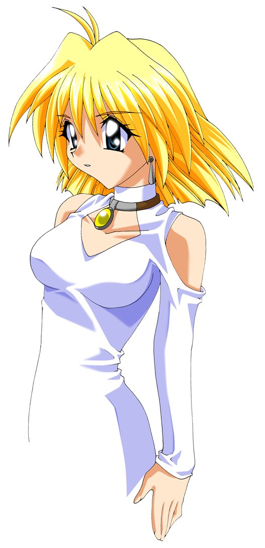 millennium feria nocturne, lost universe, 1990s (style), bare shoulders, blonde hair, blue eyes, earrings, jewelry, retro artstyle, short hair, simple background, solo, white background