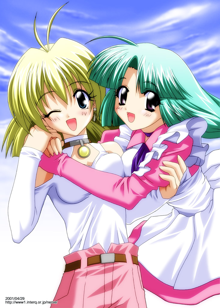 sugimura tomokazu, canal vorfeed, millennium feria nocturne, lost universe, 1990s (style), ahoge, blonde hair, blue eyes, green hair, hug, purple eyes, wink