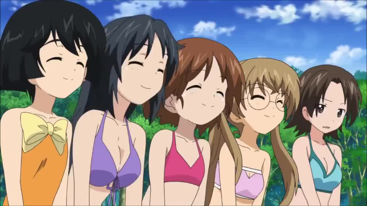 akiyama yukari, girls und panzer, animated, audible speech, character request, japanese audio, tagme, video, 6+girls, ass, bikini, black neckerchief, bob cut, breasts, brown eyes, brown hair, cleavage, cross, day, flat chest, forest, glasses, gradient background, happy, long hair, looking at another, lowleg, lowleg bikini, messy hair, multiple girls, music, nature, neckerchief, one-piece swimsuit, ooarai school uniform, open mouth, outdoors, ryona, school uniform, serafuku, shirt, short hair, simple background, singing, sitting, smile, standing, swimsuit, tree, white shirt, wide hips