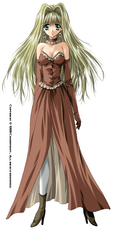 akira (usausa), myrtle, blood royal, 1girl, bare shoulders, blonde hair, breasts, choker, cleavage, dress, elbow gloves, female focus, gloves, green eyes, long hair, solo, strapless, strapless dress