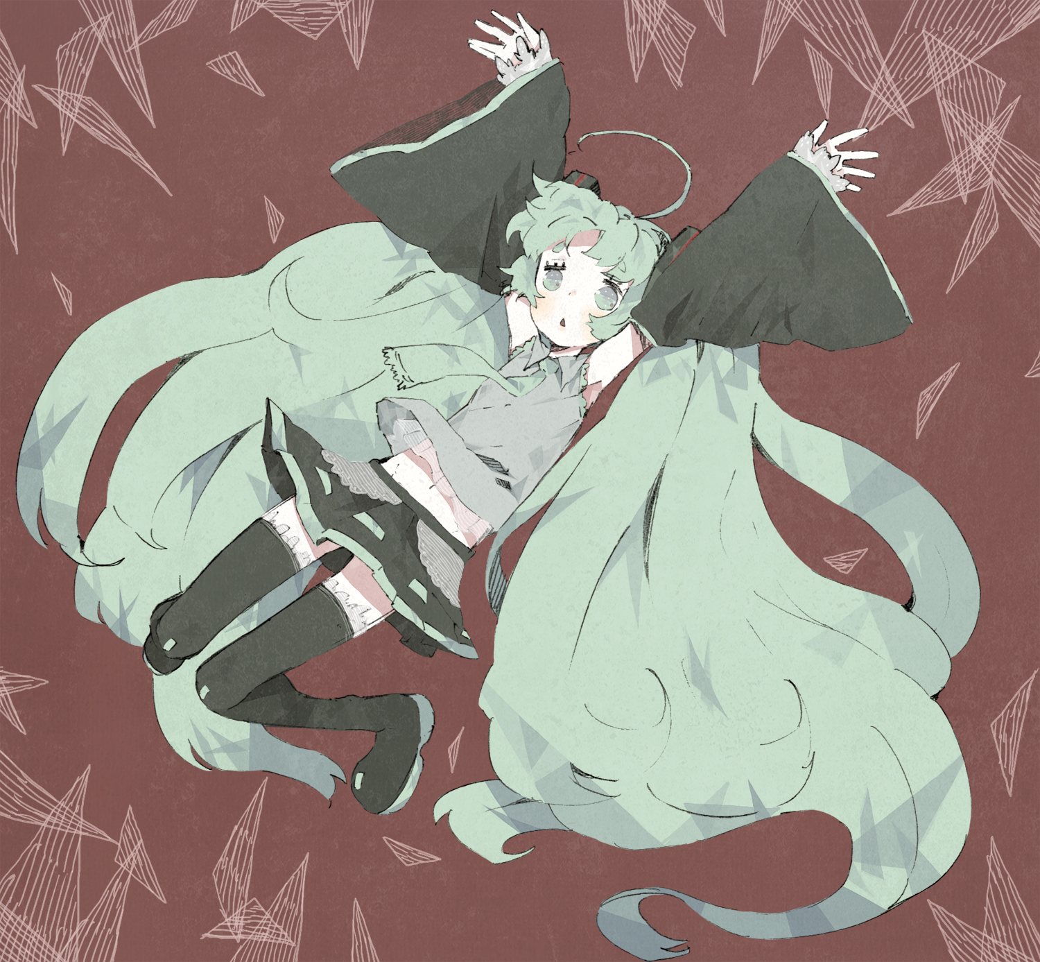 abara heiki, hatsune miku, vocaloid, bad id, bad pixiv id, highres, :<, ahoge, aqua hair, armpits, detached sleeves, flat chest, long hair, midriff, necktie, skirt, solo, thighhighs, very long hair, zettai ryouiki