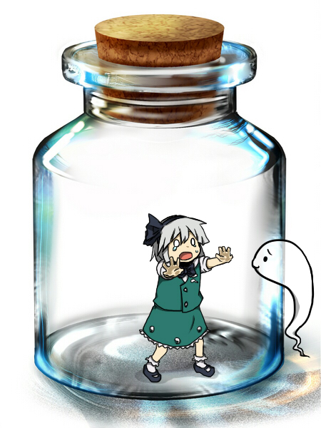 shikushiku (amamori weekly), konpaku youmu, konpaku youmu (ghost), touhou, silver hair, bad id, bad pixiv id, 1girl, against glass, bottle, bottle meme (pixiv), bow, bowtie, cork, crying, d:, female focus, ghost, glass, hair bow, hairband, hitodama, in bottle, in container, jar, mary janes, mini person, minigirl, o o, open mouth, raised eyebrows, shoes, short hair, skirt, skirt set, socks, solid circle eyes, solo, standing, tears, trapped, vest, white socks