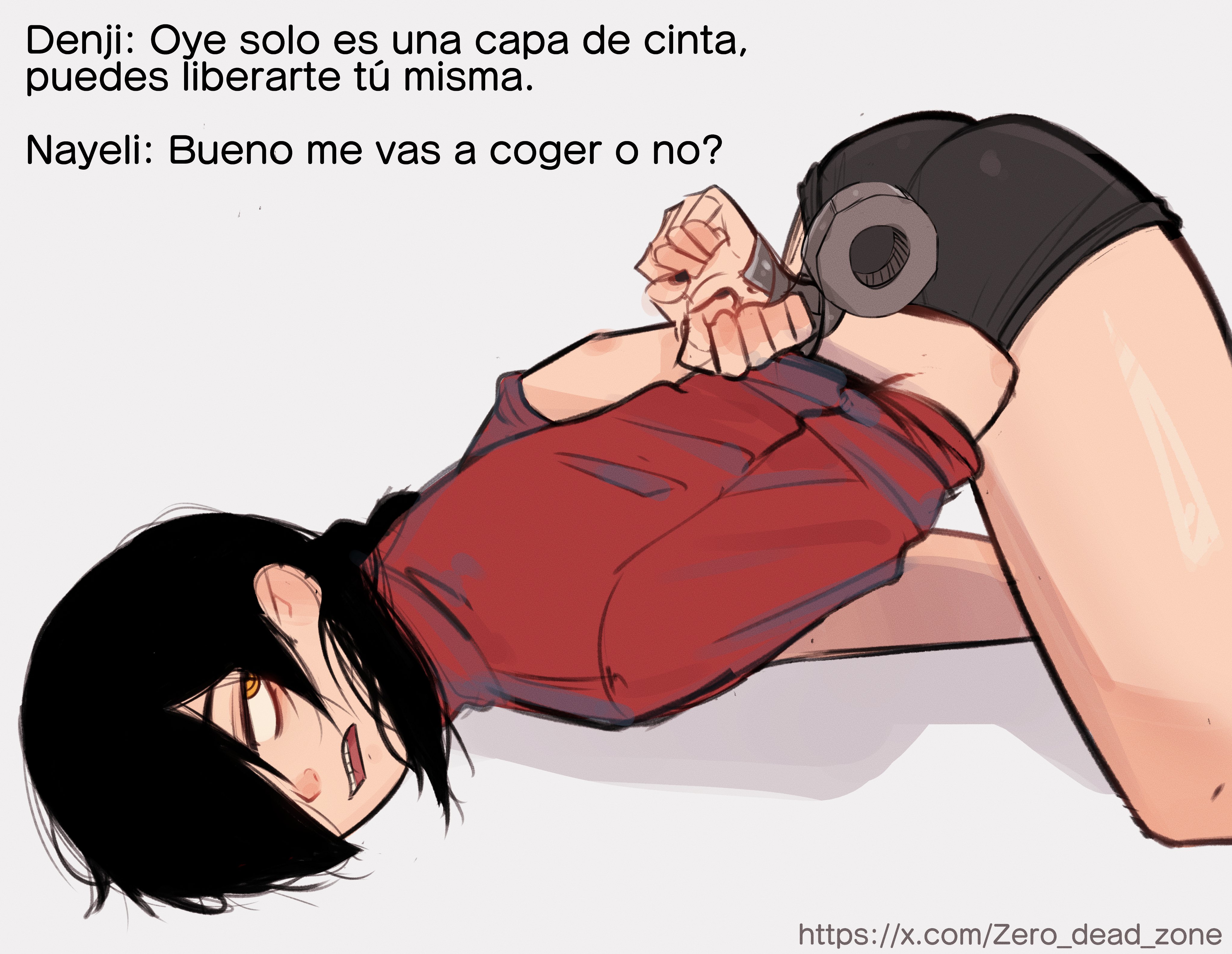 zero dead zone, nayuta (chainsaw man), chainsaw man, 1girl, all fours, arms behind back, black hair, bound, bound wrists, shorts, spanish text, tape, top-down bottom-up, yellow eyes