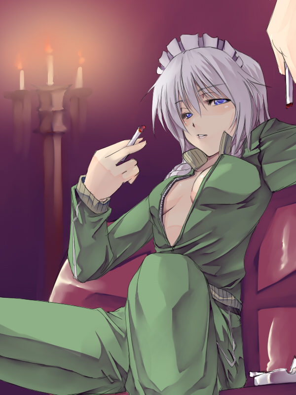 kurokuro, izayoi sakuya, touhou, silver hair, bad id, bad pixiv id, 1girl, alternate costume, ashtray, blue eyes, braid, cigarette, contemporary, couch, female focus, lips, open clothes, open shirt, serious, shirt, short hair, smoking, solo, track suit, twin braids, unzipped, yaranaika