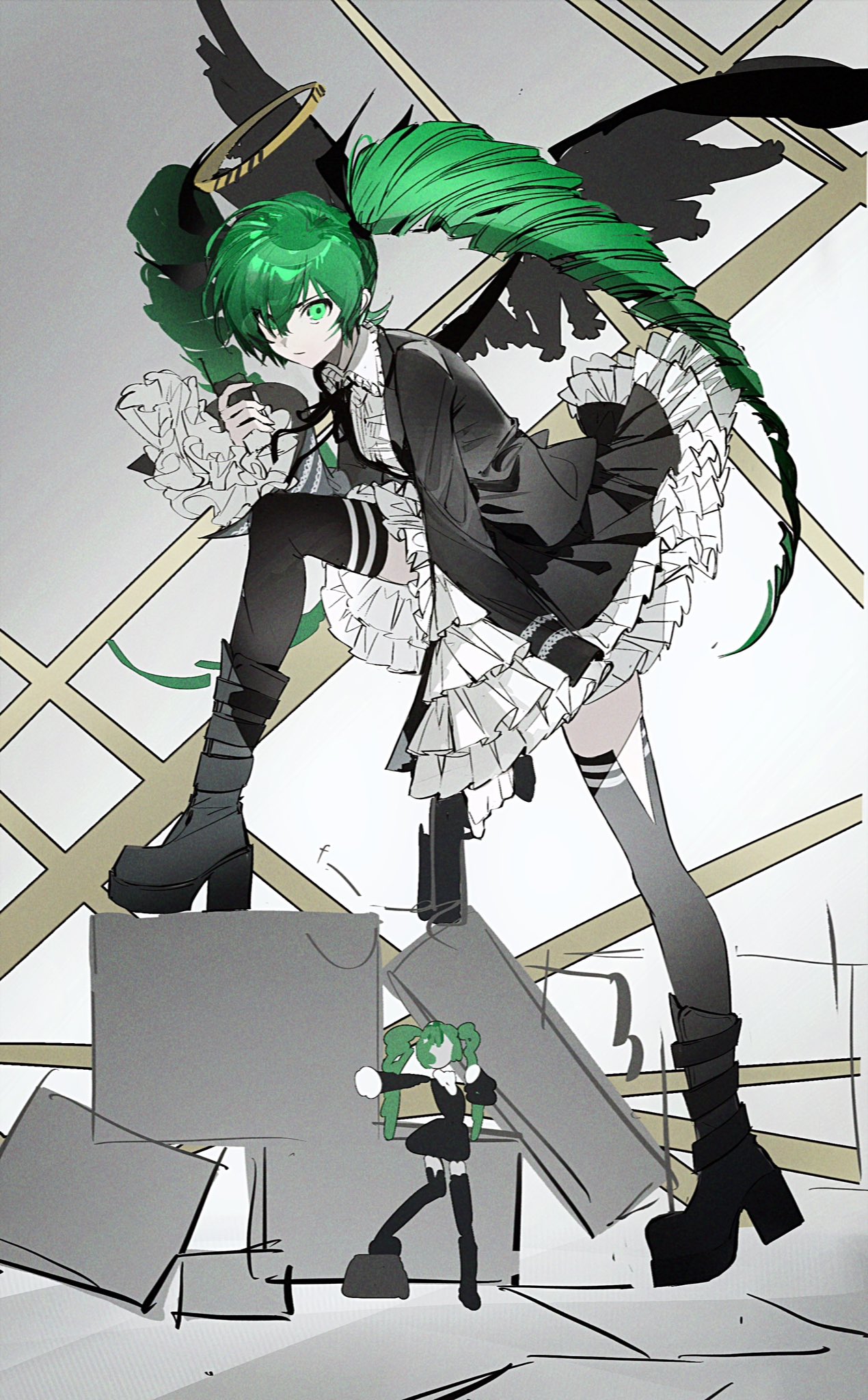 rumoon, hatsune miku, hatsune miku (dark angel), himitsu keisatsu (vocaloid), vocaloid, commentary, english commentary, highres, 1girl, black boots, black dress, black ribbon, black thighhighs, black wings, boots, closed mouth, collared dress, dress, drill hair, figure, frilled dress, frills, full body, green eyes, green hair, gun, halo, handgun, holding, holding gun, holding weapon, looking at viewer, neck ribbon, ribbon, solo, thighhighs, twin drills, uneven footing, v-shaped eyebrows, weapon, wings, yellow halo