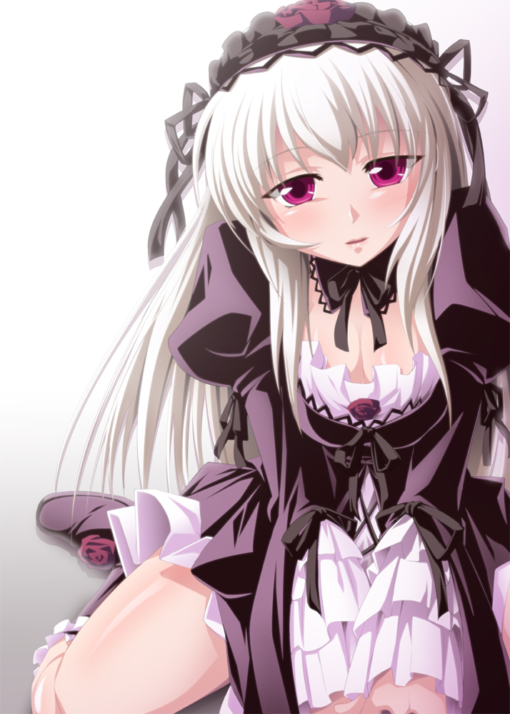 gucchi, suigintou, rozen maiden, silver hair, 00s, 1girl, alternate breast size (smaller), boots, breasts, cleavage, doll joints, dress, female focus, frills, hairband, joints, knee boots, long hair, purple eyes, small breasts, solo, thighs