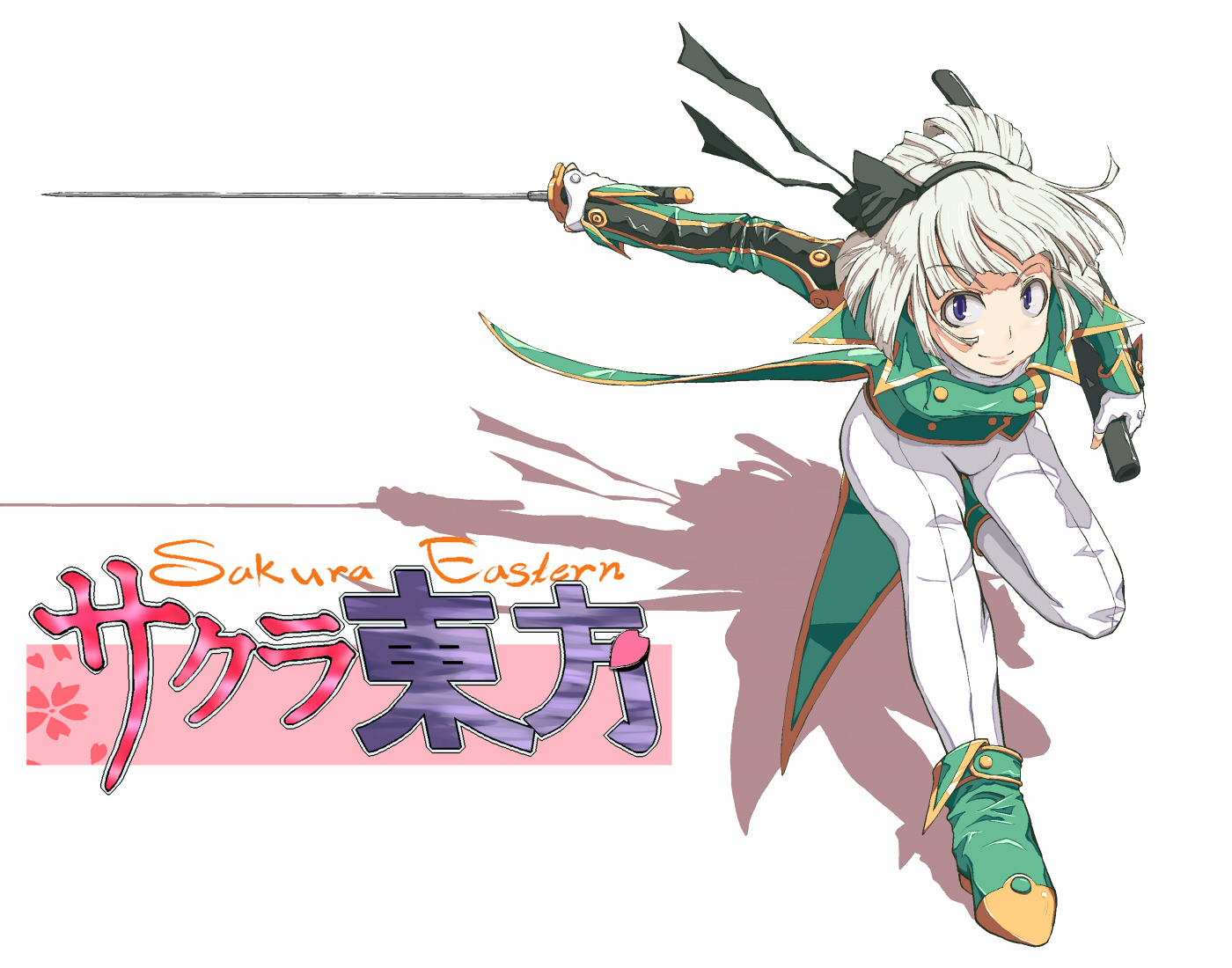 aya shachou, konpaku youmu, sakura taisen, touhou, silver hair, bad id, bad pixiv id, 1girl, blue eyes, cosplay, female focus, hairband, katana, parody, short hair, solo, sword, weapon, white background