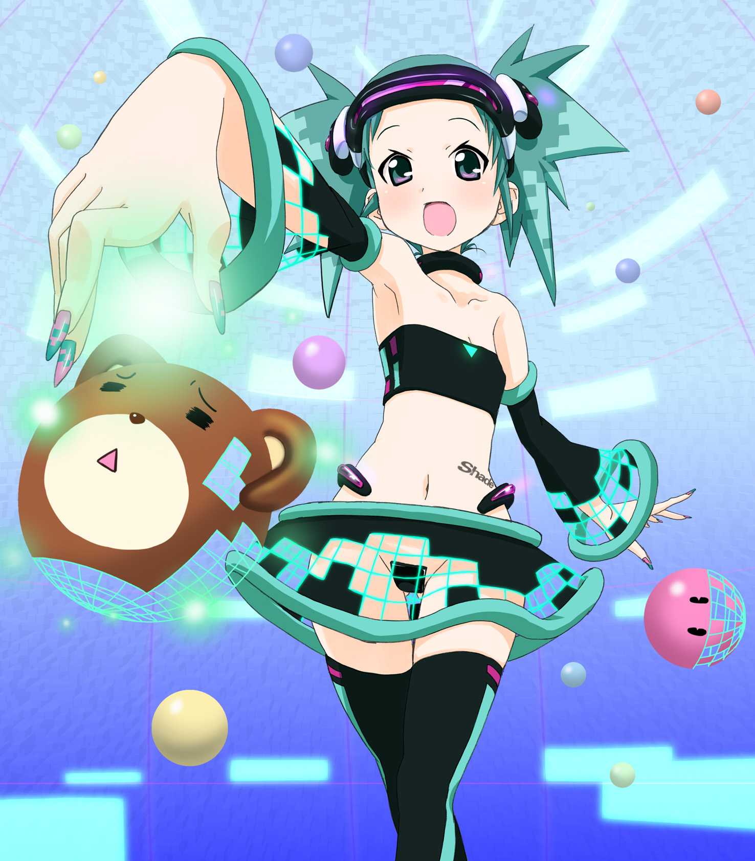 wadapen, hatsune miku, shade (character), vocaloid, highres, 1girl, :<, = =, alternate hair length, alternate hairstyle, aqua hair, armpits, bandeau, bear, black thighhighs, blush, breasts, choker, cleavage, cosplay, crossed legs, detached sleeves, digital dissolve, dissolving clothes, female focus, fingernails, flat chest, green eyes, green hair, hatsune miku (cosplay), head-mounted display, long fingernails, maebari, matching hair/eyes, midriff, nail (hardware), nail art, nail polish, navel, open mouth, outstretched arm, outstretched hand, personification, pink eyes, reaching, short hair, short twintails, skirt, small breasts, solo, spiked hair, standing, strapless, tattoo, thigh gap, thighhighs, thighs, tube top, twintails, zettai ryouiki