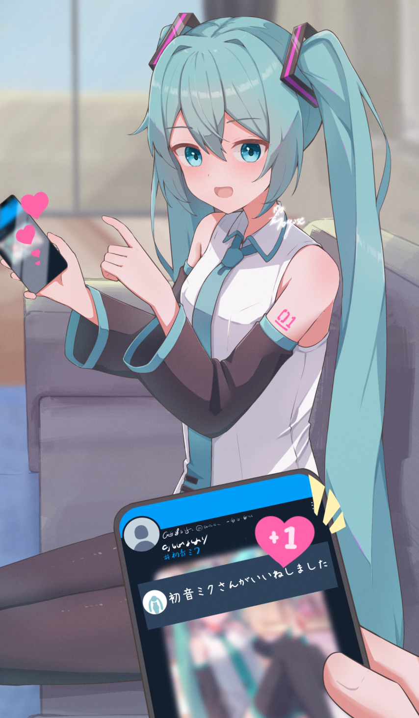 soyose, hatsune miku, vocaloid, commentary request, highres, translation request, 1girl, 1other, aqua eyes, aqua hair, aqua necktie, aqua trim, arm tattoo, black sleeves, black thighhighs, blurry, blurry background, blush, cellphone, collared shirt, detached sleeves, hair between eyes, hair ornament, holding, holding phone, indoors, long hair, long sleeves, looking at viewer, necktie, number tattoo, open mouth, phone, shirt, sleeveless, sleeveless shirt, smartphone, smile, solo focus, tattoo, thighhighs, twintails, very long hair, white shirt, wide sleeves