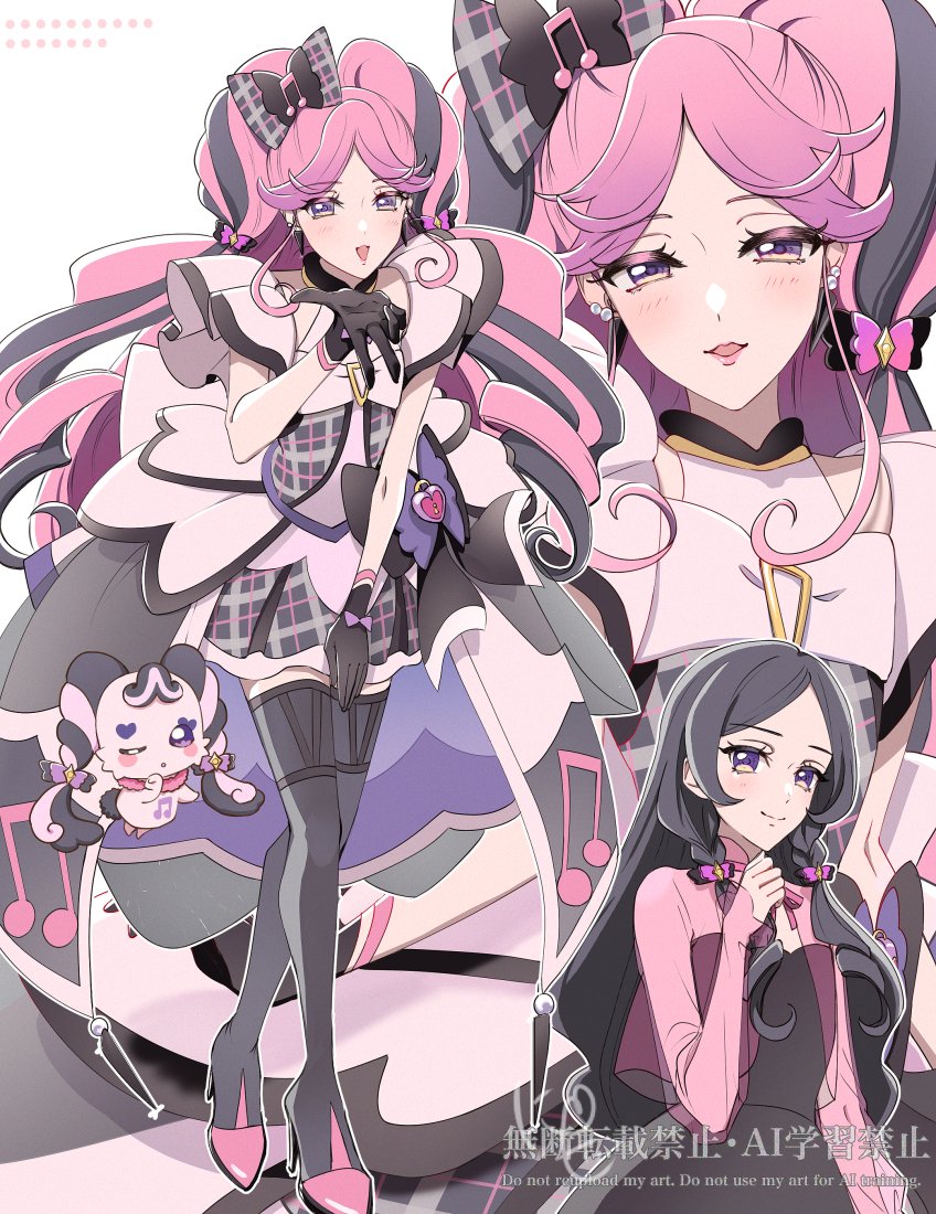 nimokakunimoto, cure kiss, meroron (civilian) (precure), meroron (precure), kimi to idol precure, precure, 1girl, bare arms, bare shoulders, black boots, black dress, black gloves, black hair, black socks, blush, boots, braid, bubble skirt, diamond brooch, dress, earrings, eyelashes, full body, gingham, gloves, gradient hair, hair ornament, hair ribbon, hair tie, half gloves, jewelry, kneehighs, long hair, looking at viewer, low twin braids, low twintails, meroron (fairy) (precure), miniskirt, multicolored hair, multiple earrings, musical note, one eye closed, parted bangs, pearl earrings, pink lips, puffy sleeves, purple dress, purple eyes, purple hair, ribbon, see-through clothes, see-through shirt, shirt, skirt, smirk, socks, solo, solo focus, stuffed animal, stuffed toy, twin braids, twintails, twitter username, very long hair, watermark, zooming in