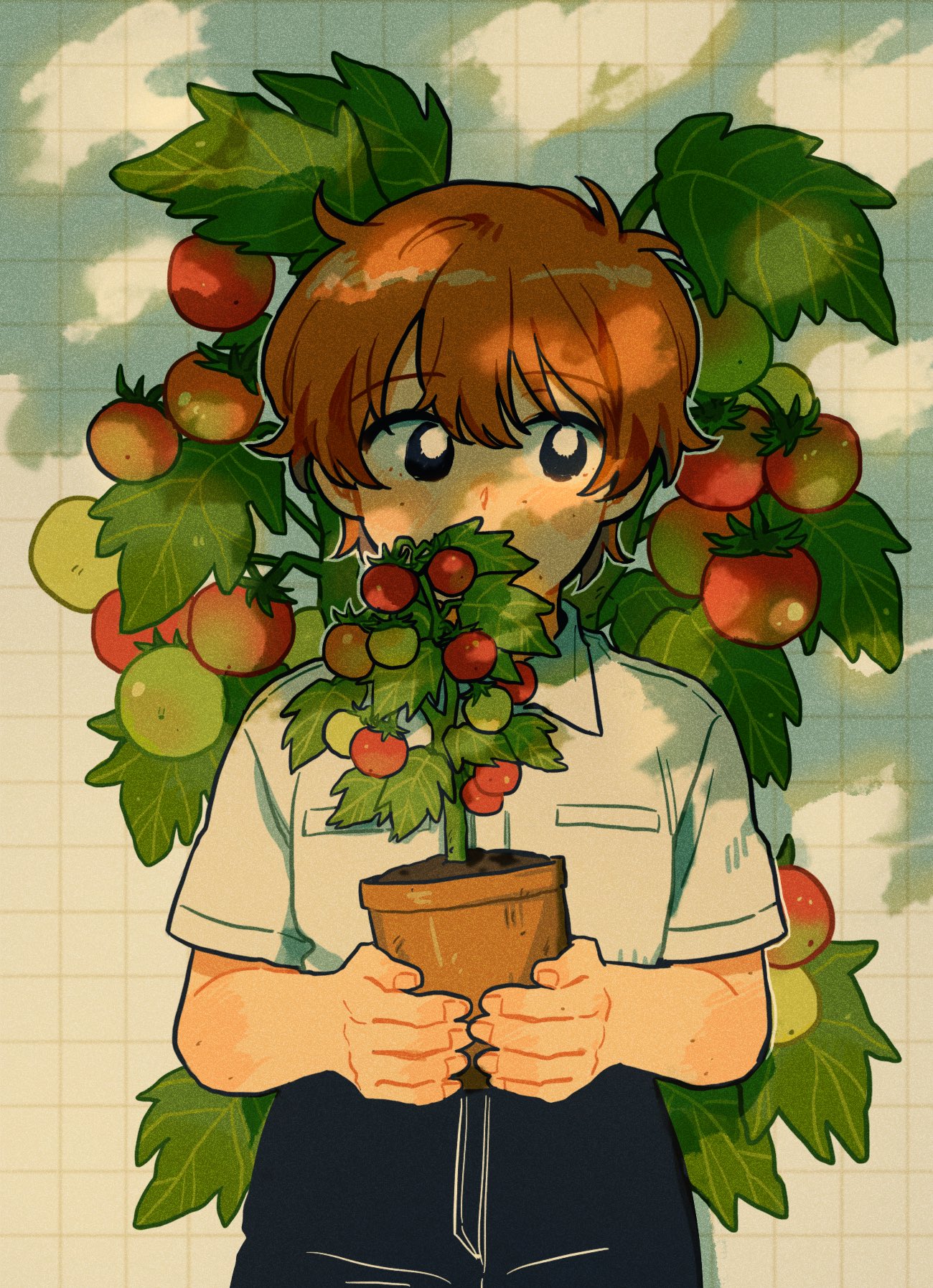 sihyun25, original, commentary request, highres, korean commentary, 1girl, antenna hair, black eyes, breast pocket, brown hair, collared shirt, flower pot, holding, holding flower pot, looking at viewer, plant, pocket, potted plant, shirt, short hair, short sleeves, solo, tomato, white shirt