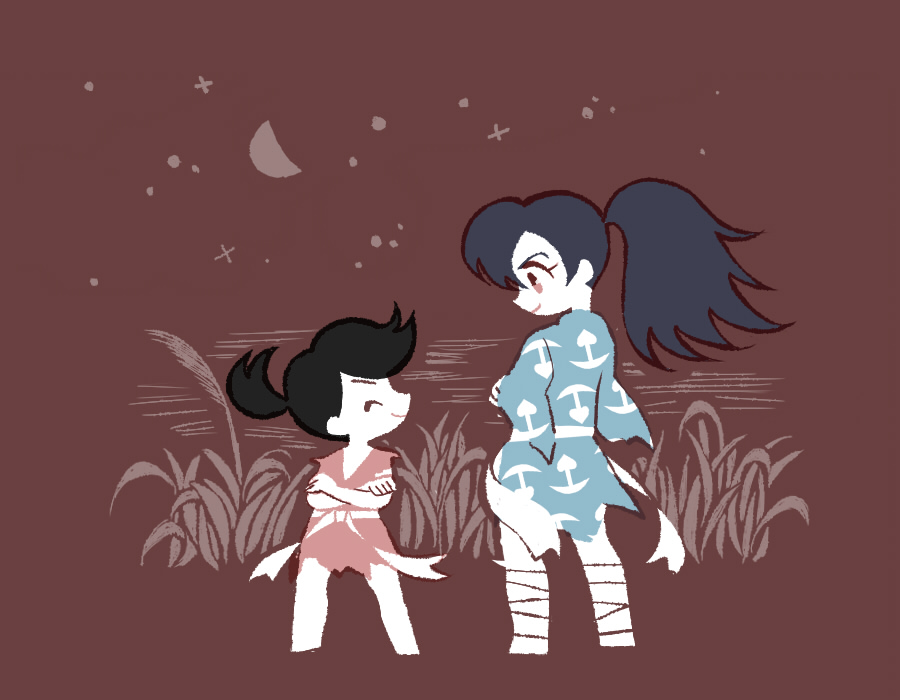 tanba (tanba-art), dororo (character), hyakkimaru (dororo), dororo (tezuka), commentary request, 1boy, 1girl, belt, black hair, brown background, crescent moon, crossed arms, facing another, full body, long hair, looking at another, moon, ponytail, reverse trap, smile, standing