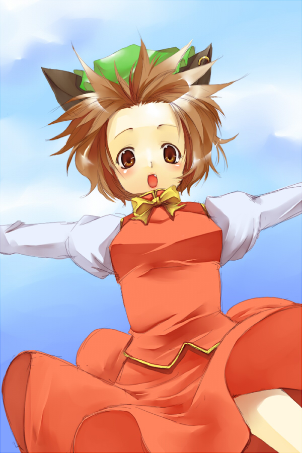 kurokuro, chen, touhou, bad id, bad pixiv id, 1girl, animal ears, brown hair, cat ears, cat girl, earrings, female focus, forehead, gradient background, hat, jewelry, outdoors, short hair, skirt, sky, solo