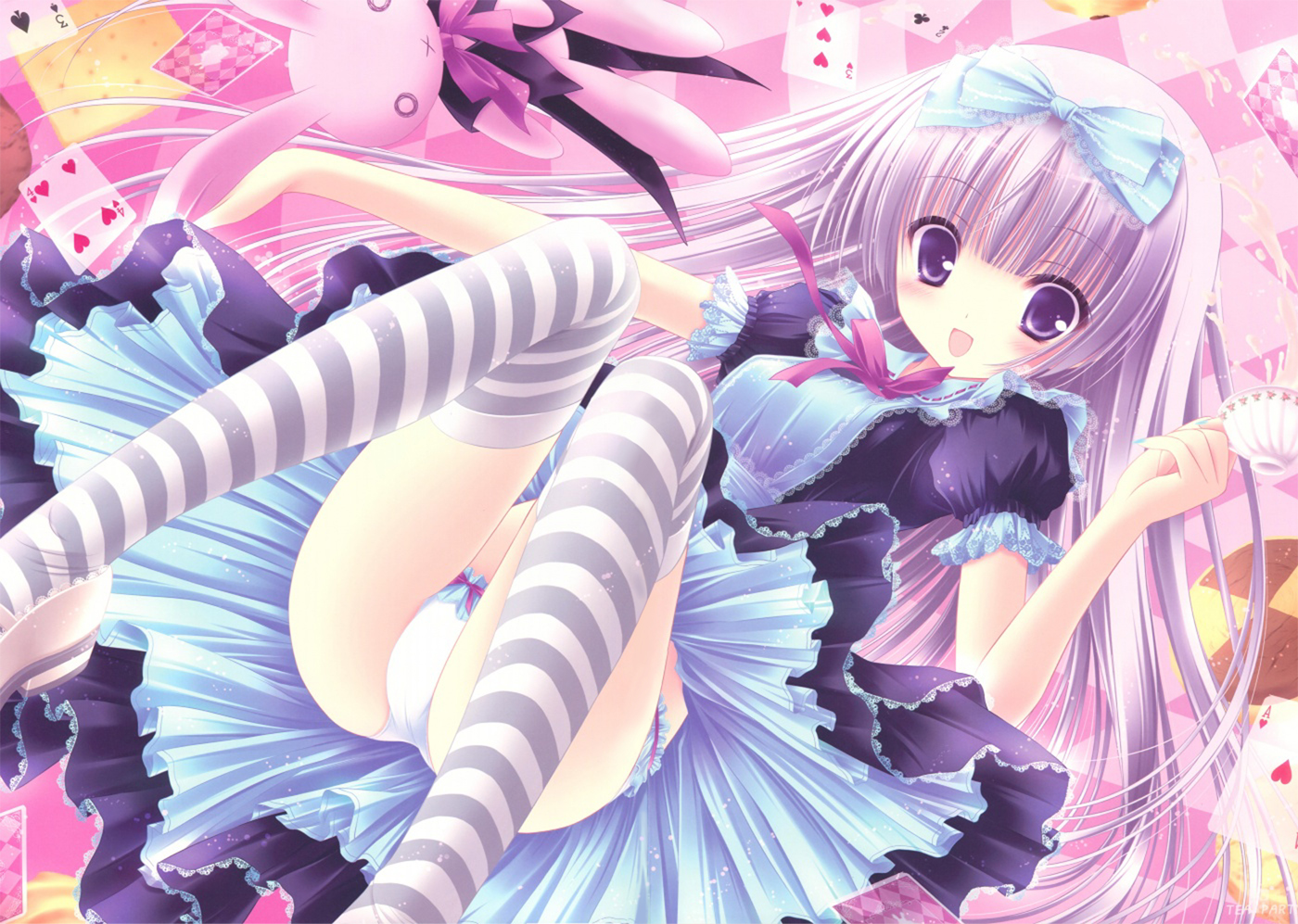 tinker bell (pixiv 10956015), alice (alice in wonderland), alice's adventures in wonderland, 1girl, :d, blush, bow, bow panties, card, clubs, cookie, cup, dress, female focus, floating card, food, frills, gothic lolita, hair bow, lolita fashion, long hair, open mouth, panties, pantyshot, pink hair, playing card, purple eyes, rabbit, ribbon, smile, solo, spade, striped clothes, striped thighhighs, stuffed animal, stuffed rabbit, stuffed toy, tea, teacup, thighhighs, underwear, very long hair, white panties