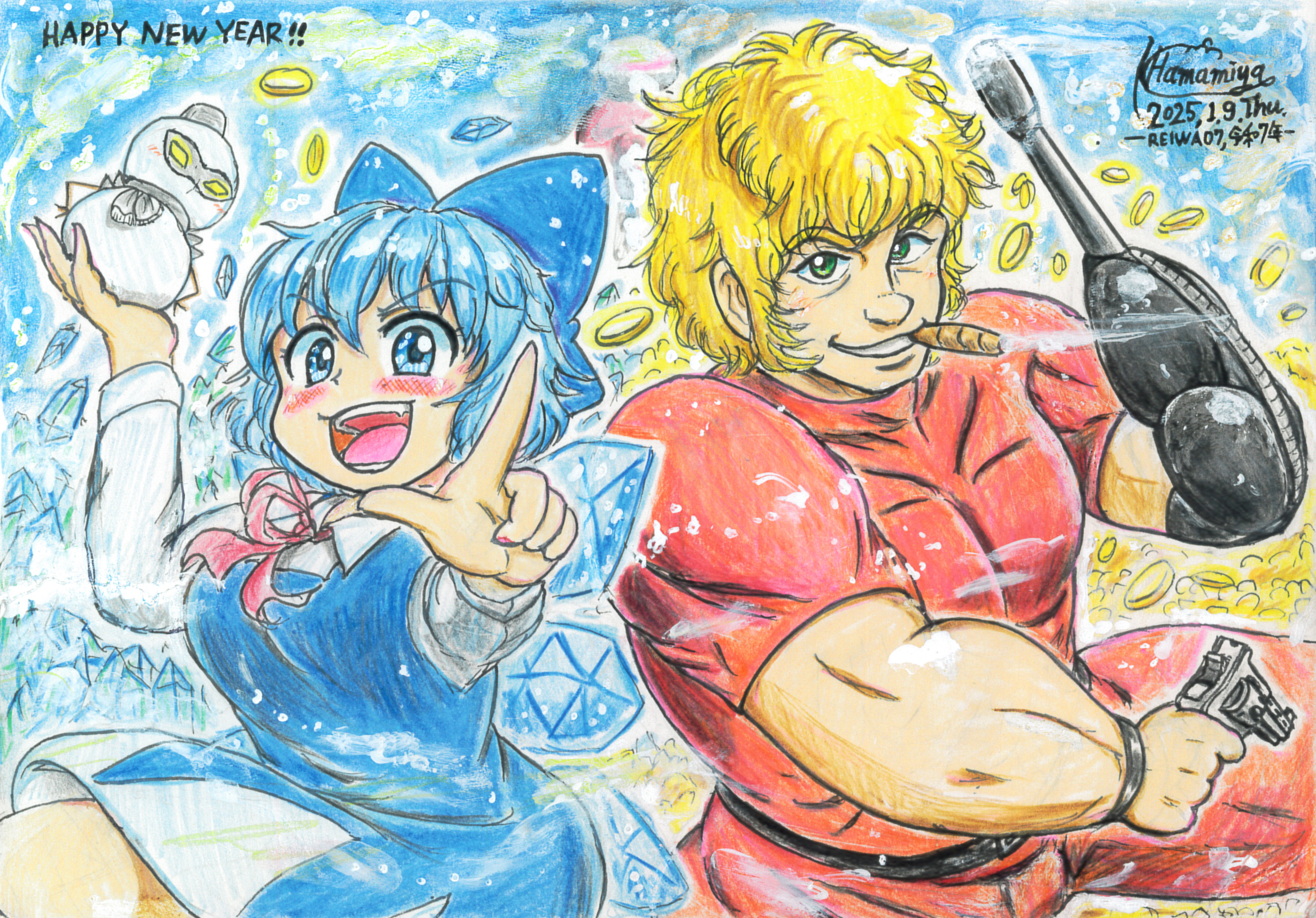 hamamiya kabocha, cirno, cobra (space adventure cobra), psychogun, space adventure cobra, touhou, colored pencil (medium), highres, traditional media, 1boy, 1girl, :d, aiming, artist name, belt, black belt, blonde hair, blue dress, blue eyes, blue hair, blue skirt, blush, bow, cigar, cigarette, collarbone, colored eyelashes, dated, dress, english text, fingernails, gold, green eyes, gun, hair bow, hair ribbon, handgun, happy new year, holding, holding gun, holding snowman, holding weapon, ice, ice wings, light blush, metal wrist cuffs, muscular, muscular male, nail polish, new year, open mouth, pants, pinafore dress, pointing, pointing at viewer, pointing up, red nails, red pants, red ribbon, red shirt, revolver, ribbon, shirt, short hair, short sleeves, signature, skirt, sleeveless, sleeveless dress, smile, smoke, snowman, sparkle, sparkle background, sparkling eyes, stuffed animal, stuffed toy, tongue, weapon, white shirt, wings, winter, wristband