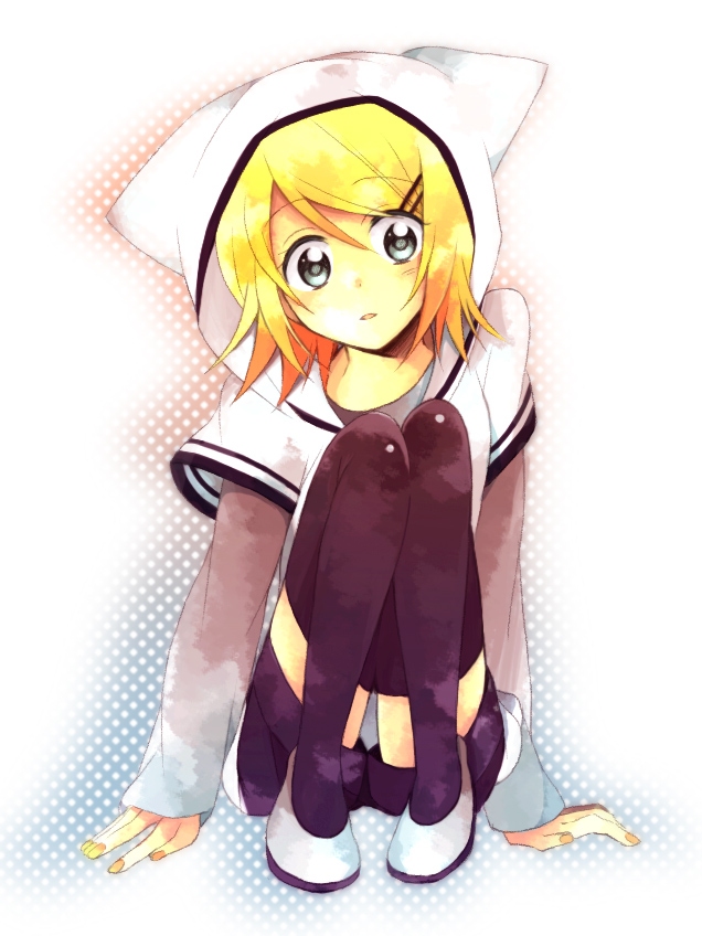 hino (moca), hino (pixiv33820), kagamine rin, sute-neko russian blue (vocaloid), vocaloid, bad id, bad pixiv id, 1girl, blonde hair, blue eyes, female focus, full body, hair ornament, hairclip, hood, hoodie, layered sleeves, long sleeves, shoes, short hair, short over long sleeves, short sleeves, shorts, sitting, solo, thighhighs