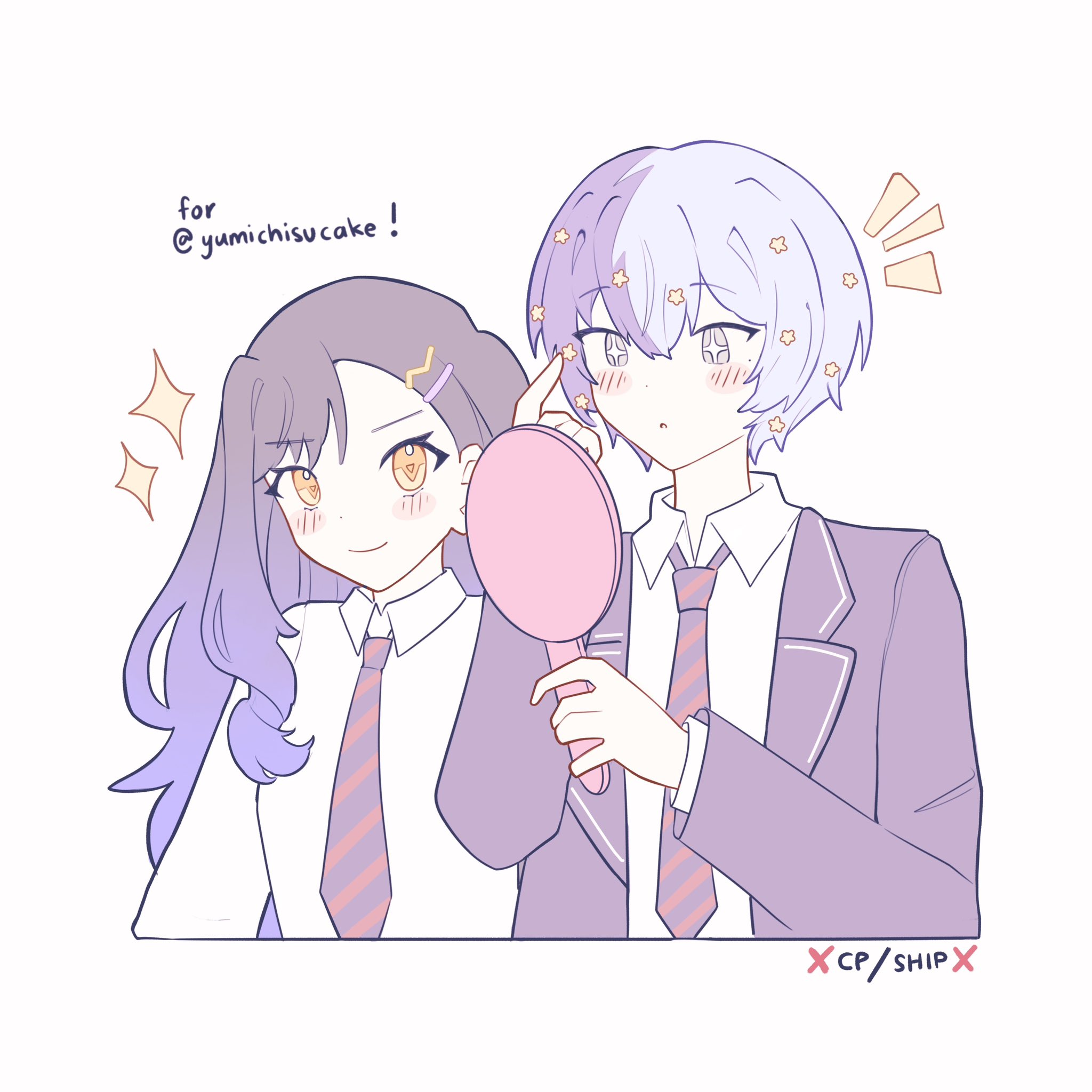 aoyagi touya, shiraishi an, project sekai, commentary, english commentary, highres, + +, 1boy, 1girl, aryorl, black hair, blazer, blue hair, breasts, closed mouth, collared shirt, diagonal-striped clothes, diagonal-striped necktie, gradient hair, hair ornament, hairpin, hands up, holding, holding mirror, jacket, kamiyama high school uniform (project sekai), lapels, layered clothes, long hair, long sleeves, looking at mirror, mirror, multicolored hair, necktie, notched lapels, notice lines, open clothes, open jacket, orange eyes, school uniform, shirt, short hair, simple background, smile, sparkle, split-color hair, star (symbol), star hair ornament, striped clothes, two-tone hair, upper body, white background, white shirt