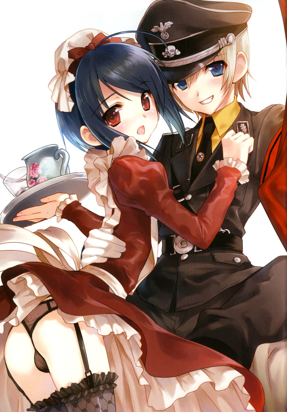 kasukabe akira, highres, 2boys, ass, bent over, blonde hair, blue eyes, blue hair, bulge, crossdressing, crossdressing (mtf), maid, multiple boys, nazi, panties, red eyes, shota, trap, tray, underwear, waitress