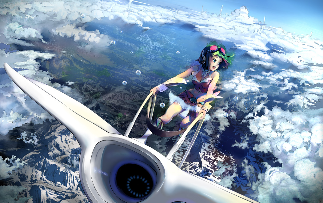 zunga, gumi, mehve, kaze no tani no nausicaa, vocaloid, 1980s (style), bad id, bad pixiv id, 1girl, aircraft, airplane, belt, boots, cloud, day, female focus, flying, from above, goggles, goggles on head, grand scale, green eyes, green hair, headphones, matching hair/eyes, midriff, oldschool, retro artstyle, scenery, short hair, skirt, sky, smile, solo, wrist cuffs