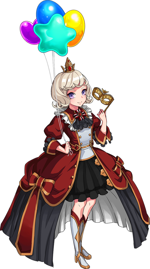 mabinogi, nexon, artist request, official art, second-party source, 1girl, aristocratic clothes, armored boots, ascot, balloon, black ascot, black skirt, boots, bow, bracelet, brooch, buttons, closed mouth, coat, coat dress, collar, crown, curled ends, double-breasted, dress, dress bow, eirawen (mabinogi), eye mask, fashion, frilled collar, frills, full body, gem, gold bracelet, gold buttons, gold crown, gold mask, grey skirt, heart balloon, holding, holding balloon, holding mask, hoop skirt, jewelry, juliet sleeves, knee boots, long sleeves, looking at viewer, mask, masquerade mask, medium skirt, mini crown, official alternate costume, open clothes, open coat, pleated skirt, puffy sleeves, purple eyes, red bow, red coat, red dress, red gemstone, red sleeves, shirt, short hair, showgirl skirt, silver boots, simple background, skirt, sleeve cuffs, smile, solo, speech bubble, standing, star balloon, thought bubble, three-quarter sleeves, transparent background, two-sided fabric, two-sided skirt, unworn mask, victorian, white shirt, yellow trim
