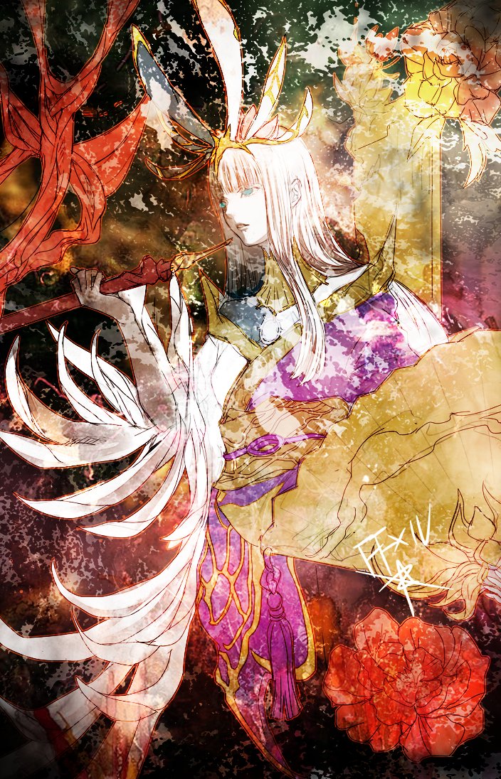 ruka (blueplus84), tsukuyomi (ff14), yotsuyu goe brutus, final fantasy, final fantasy xiv, 1girl, animal ears, black hair, black skin, blue eyes, blunt bangs, chrysanthemum, colored skin, copyright name, flower, folding fan, hand fan, holding, holding fan, holding smoking pipe, japanese clothes, kimono, kiseru, long hair, mirror, multicolored hair, multicolored skin, no pupils, obi, obijime, purple kimono, rabbit ears, red flower, sash, smoking pipe, solo, split-color clothes, split-color hair, split-color skin, tassel, two-tone hair, two-tone kimono, two-tone skin, white hair, white kimono, white skin