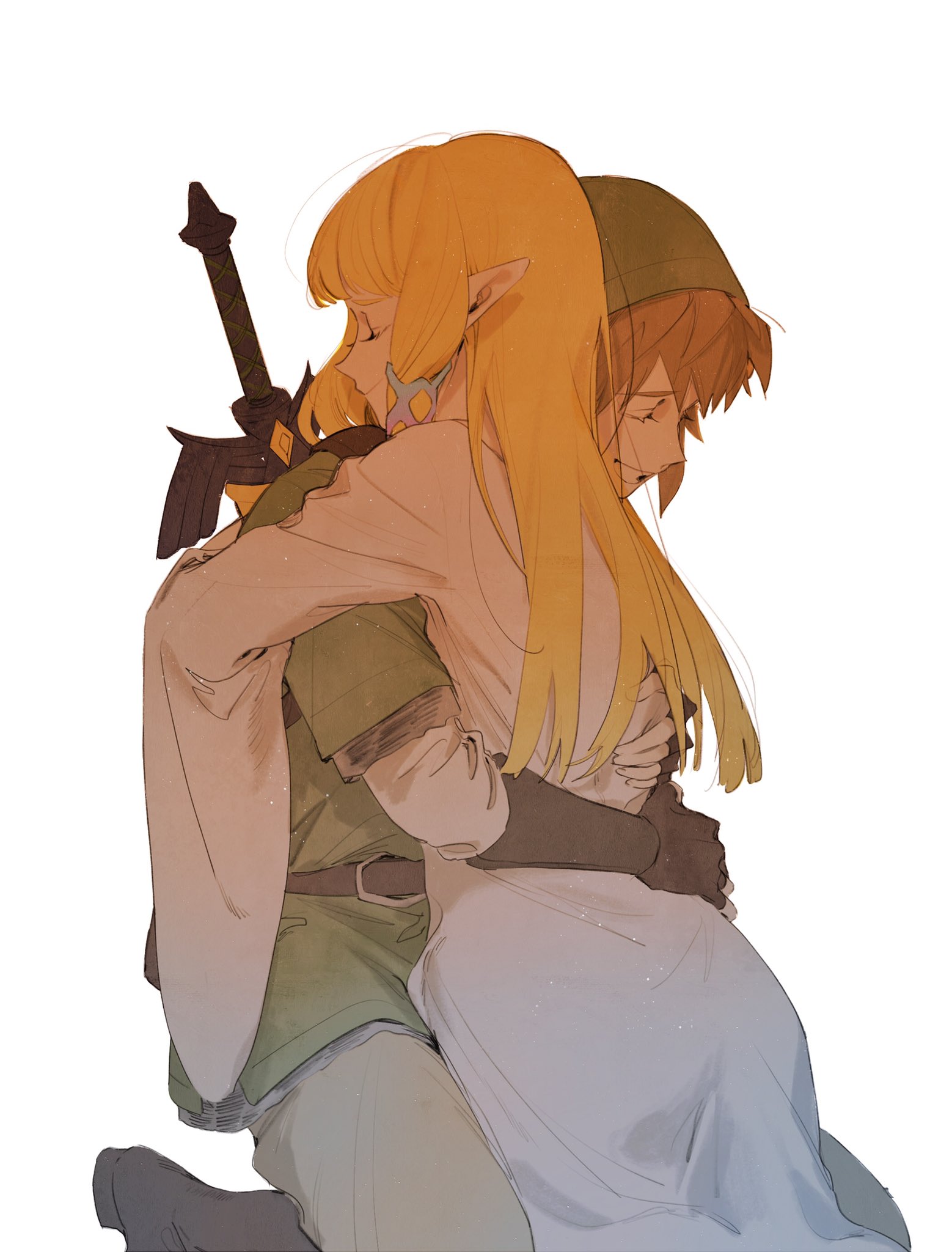 shikiri, link, princess zelda, nintendo, the legend of zelda, the legend of zelda: skyward sword, commentary request, highres, 1boy, 1girl, belt, blonde hair, boots, brown belt, brown boots, brown gloves, closed eyes, dress, gloves, green hat, green tunic, grin, hat, hetero, hug, layered sleeves, long hair, long sleeves, master sword, pointy ears, short over long sleeves, short sleeves, simple background, smile, sword, sword on back, tunic, weapon, weapon on back, white background, white dress