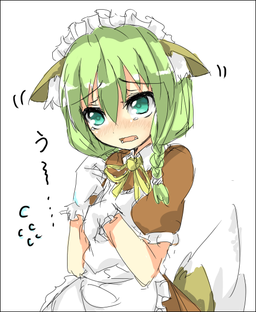 shingetsu takehito, saitou kon, original, 1girl, animal ears, aqua eyes, blush, braid, ears down, fangs, female focus, fidgeting, fox ears, fox tail, gloves, green eyes, green hair, maid, matching hair/eyes, sketch, solo, tail